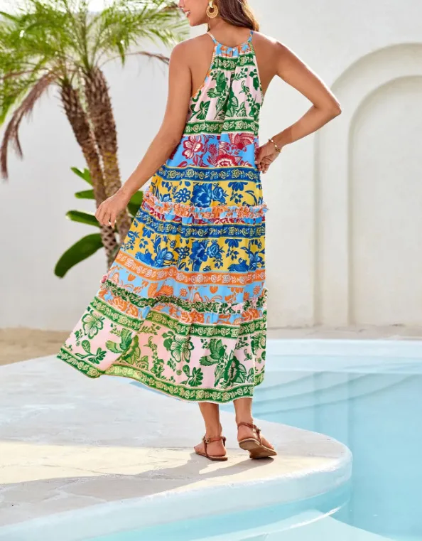 Women's Boho Casual Summer Floral Halter Tiered Beach Dress