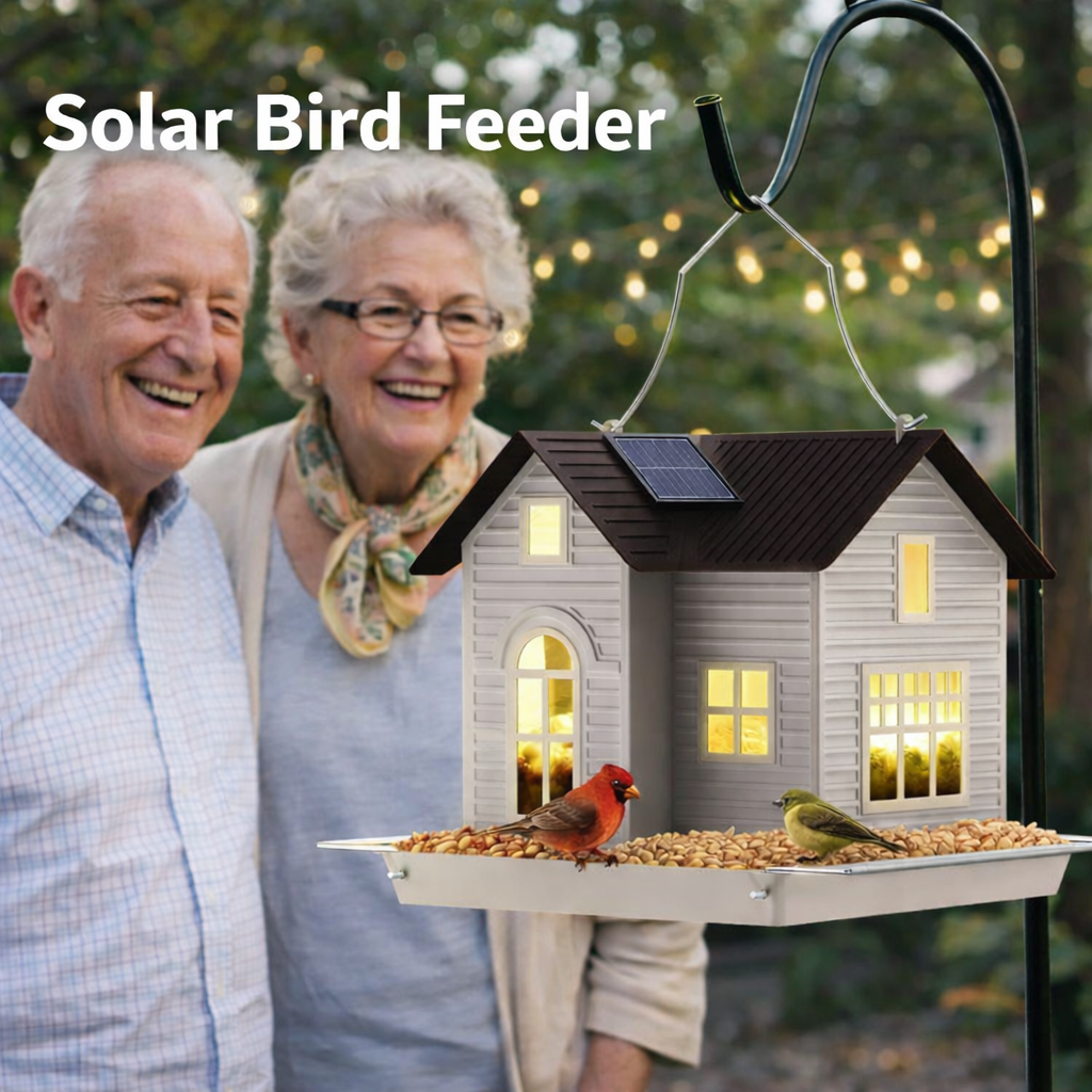 Hanging Metal Bird House Feeder with Solar Lights
