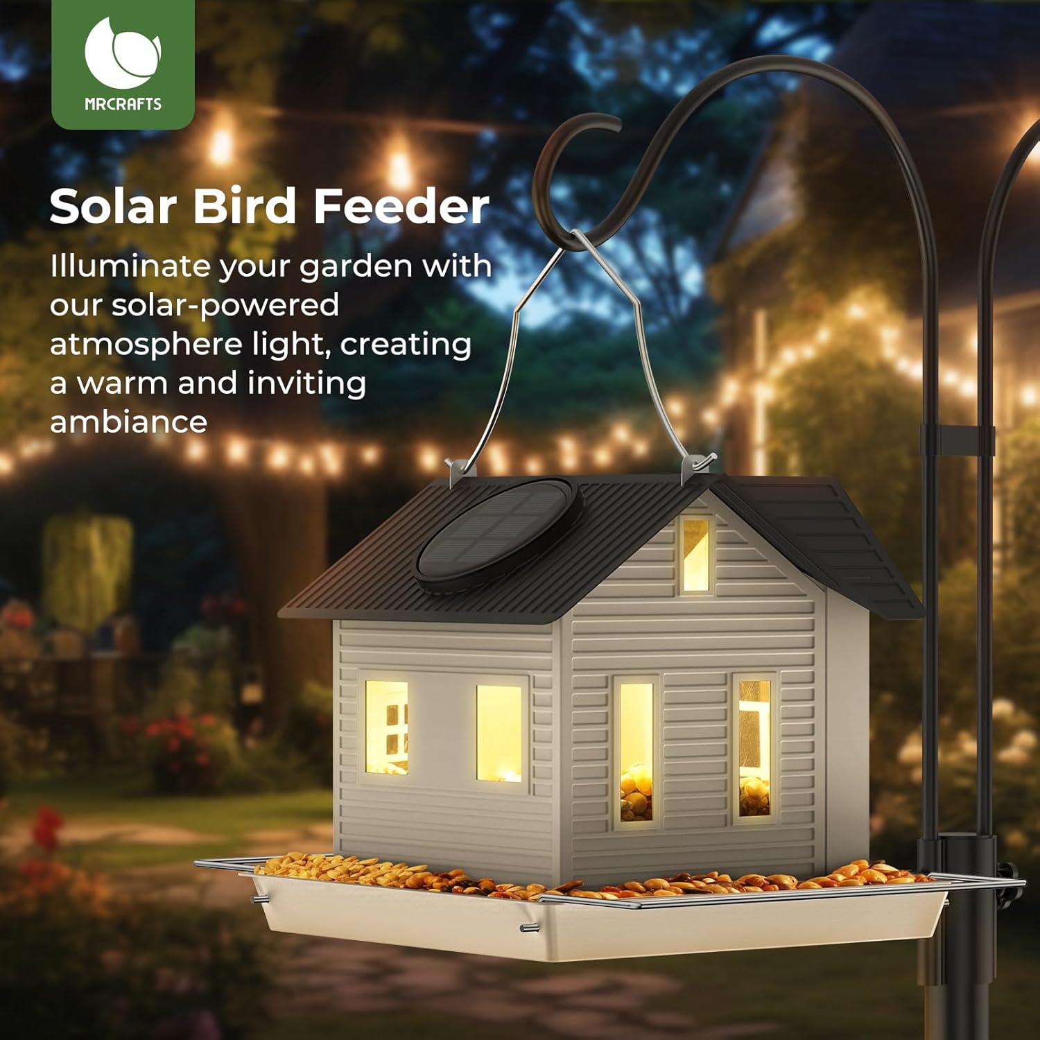 Hanging Metal Bird House Feeder with Solar Lights