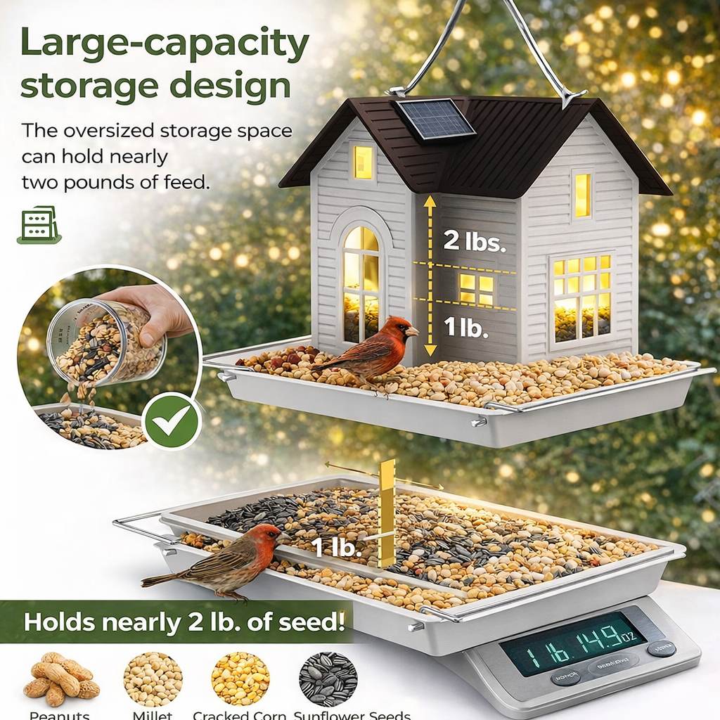 Hanging Metal Bird House Feeder with Solar Lights