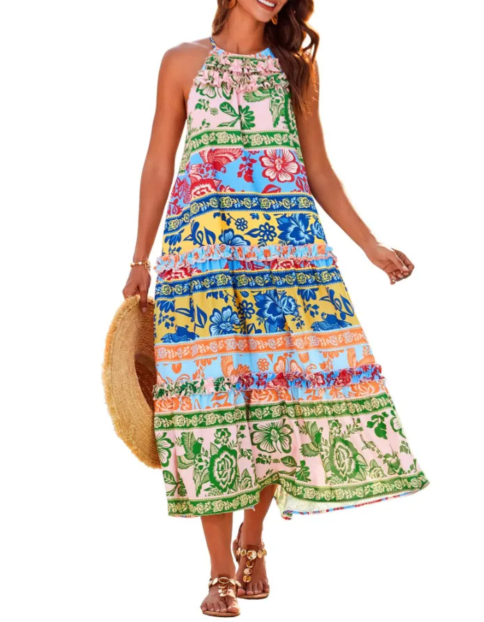 Women's Boho Casual Summer Floral Halter Tiered Beach Dress