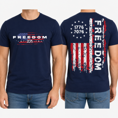🔥49% off- Men's Classic Shortsleeve Patriotic Apparel, 1776-2026 Freedom 250 Years Vintage Distressed USA Flag Graphic T-Shirt