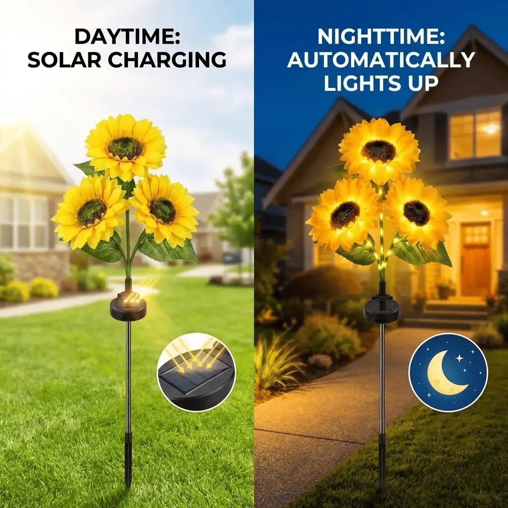 Solar Powered LED Sunflower Garden Lights - IP65 Waterproof Triple-Head Garden Stakes with 36 Micro-LEDs & Auto Dusk-to-Dawn Sensor