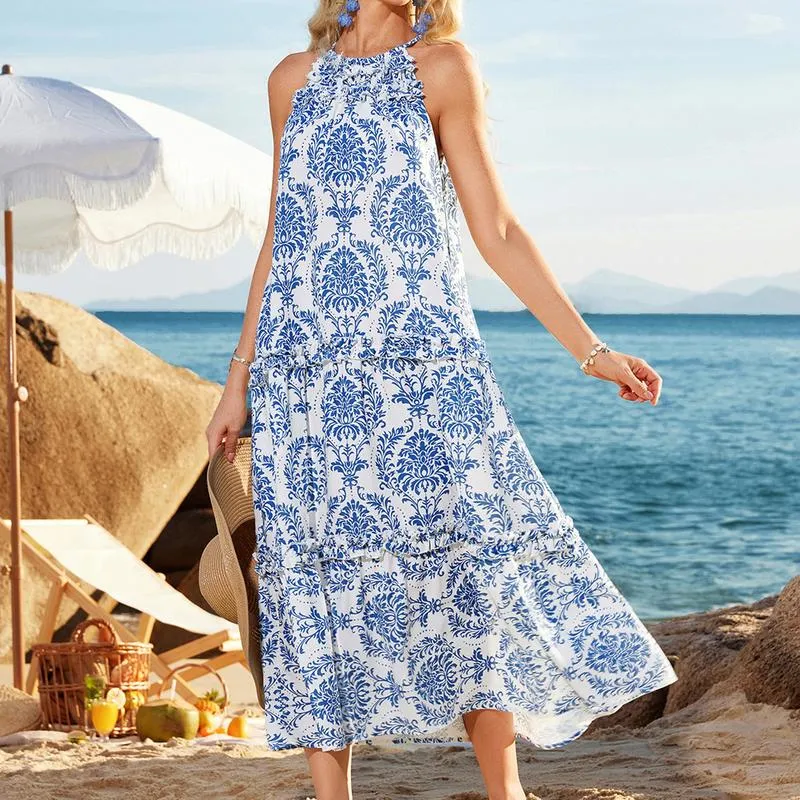 【Valentine's Day Limited】【Runs Large | Size Down】Grace Karin Women's Maxi Boho Dress Casual Summer Loose Long Floral Sundresses Flowy Halter Tiered Beach Vacation Outfits