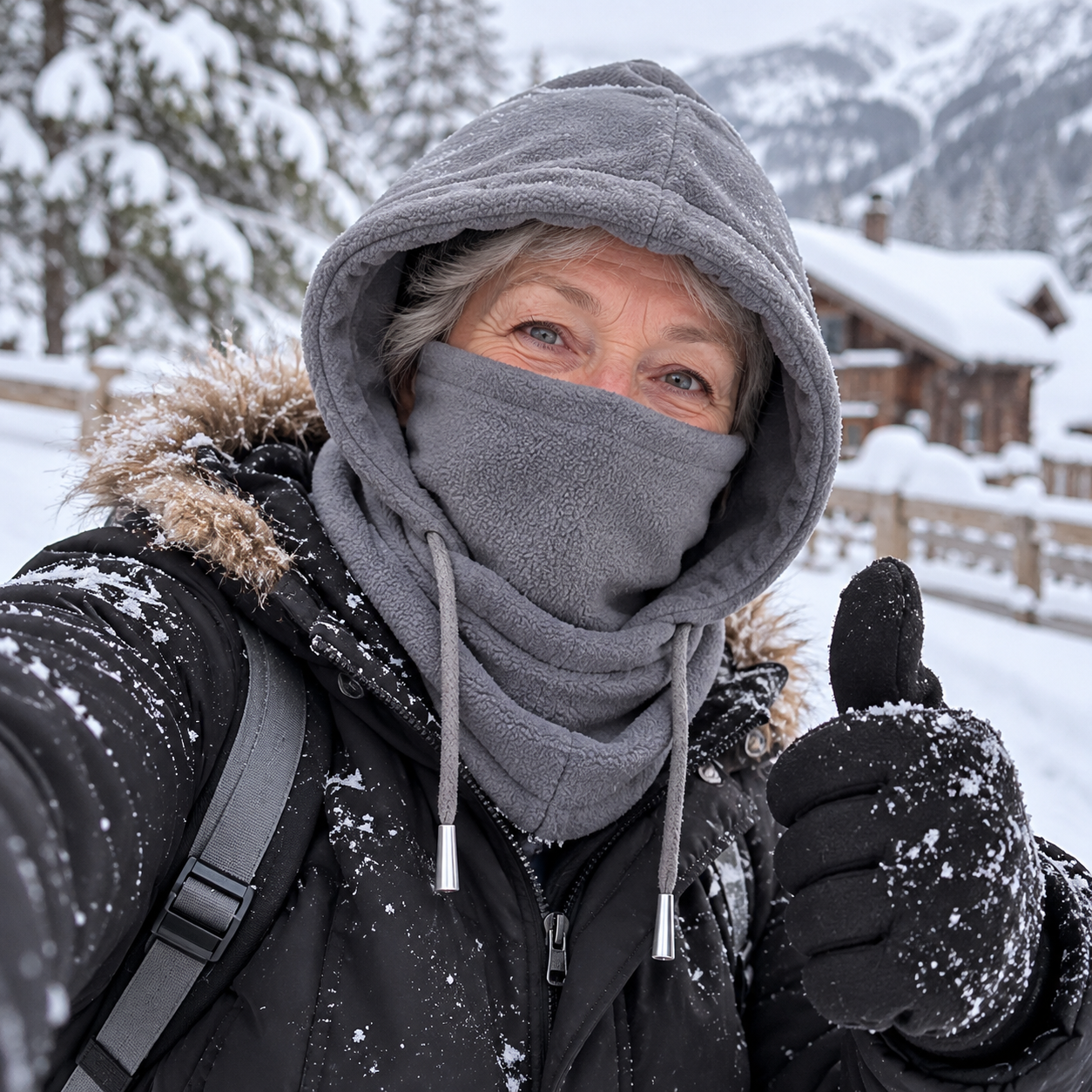 Customer wearing winter fleece hood