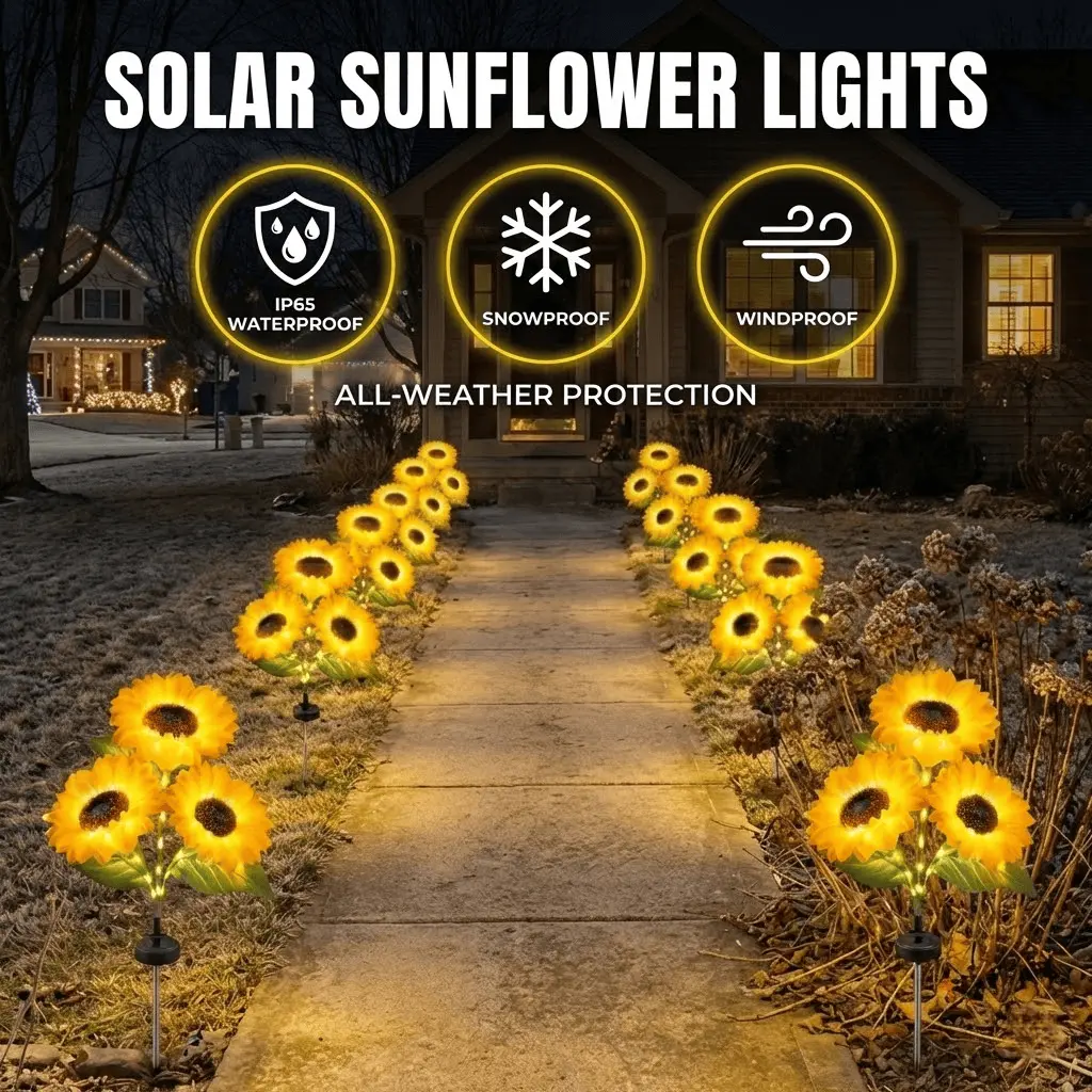 Solar Powered LED Sunflower Garden Lights - IP65 Waterproof Triple-Head Garden Stakes with 36 Micro-LEDs & Auto Dusk-to-Dawn Sensor