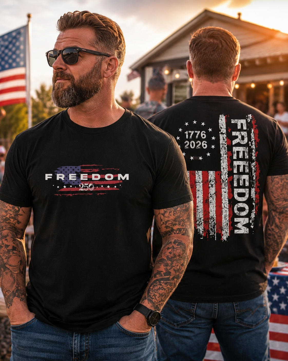 🔥49% off- Men's Classic Shortsleeve Patriotic Apparel, 1776-2026 Freedom 250 Years Vintage Distressed USA Flag Graphic T-Shirt