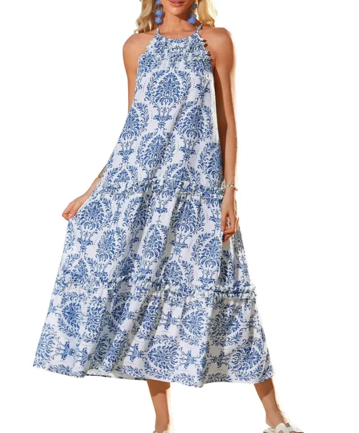 Women's Boho Casual Summer Floral Halter Tiered Beach Dress