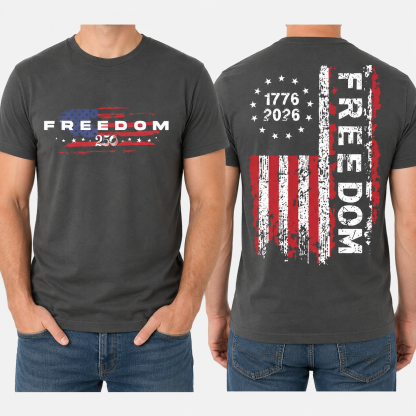🔥49% off- Men's Classic Shortsleeve Patriotic Apparel, 1776-2026 Freedom 250 Years Vintage Distressed USA Flag Graphic T-Shirt