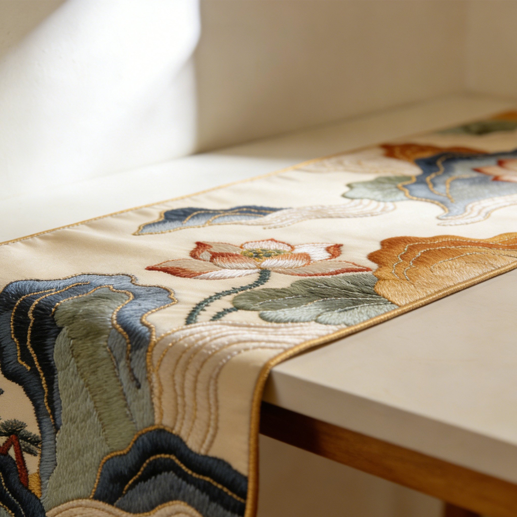 Tischläufer mit bunter Blumenstickerei auf Holztisch