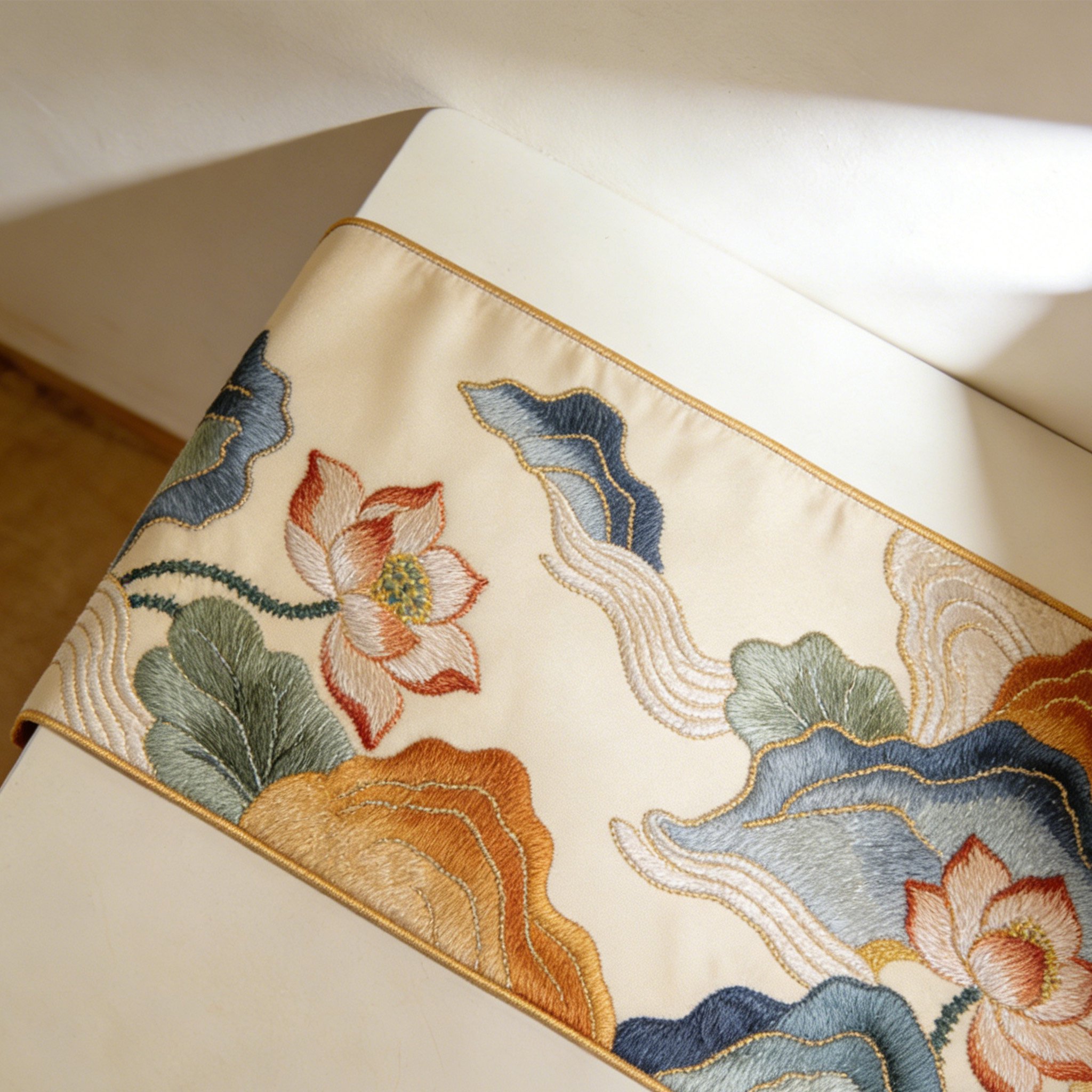 Detailaufnahme der feinen Blumenstickerei auf dem Tischläufer