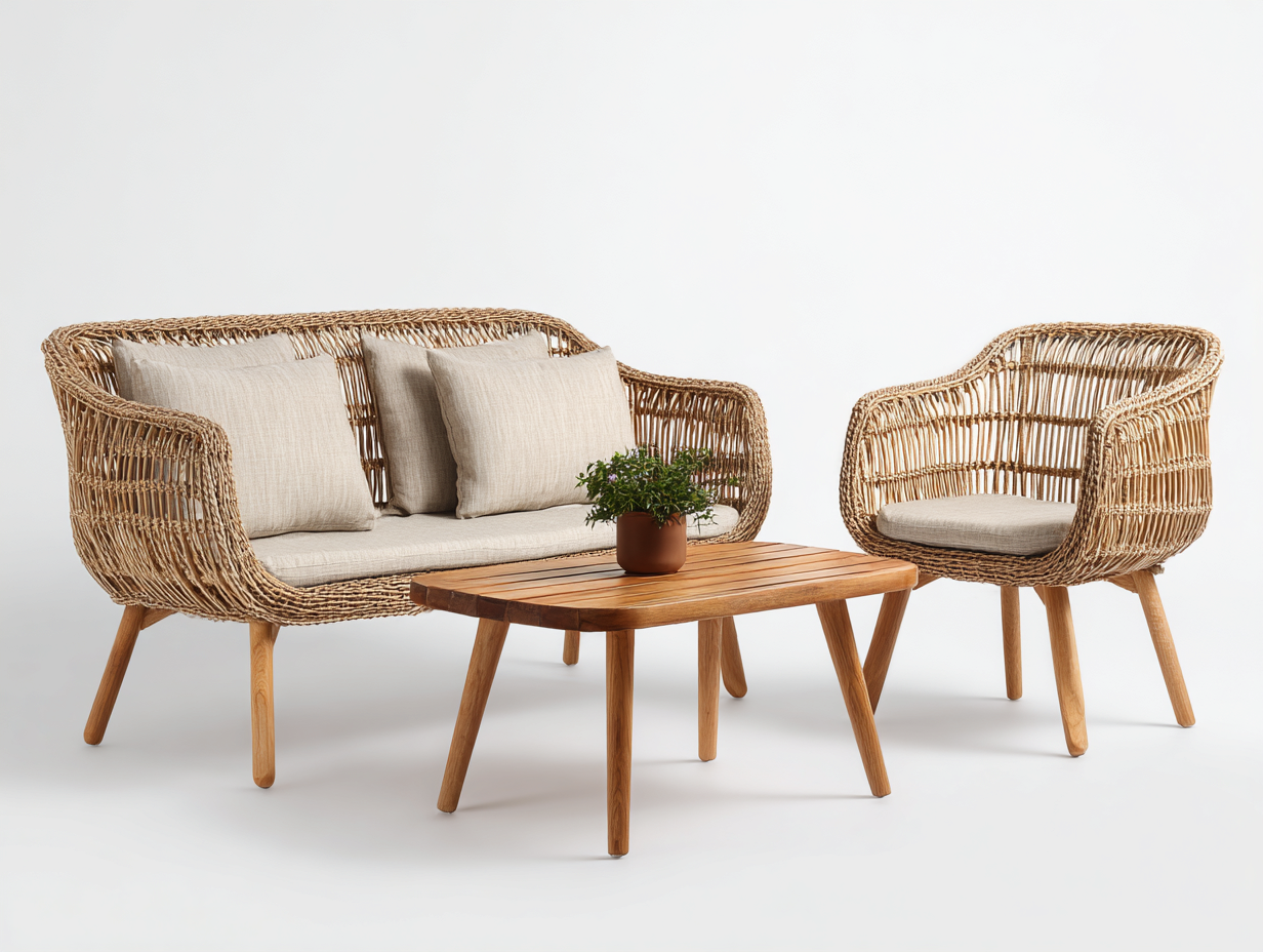 Conjunto de muebles de jardín de ratán sofá doble 120x70x75 cm sillón 65x65x75 cm mesa 80x50x45 cm - Diseño natural para exterior-Havenmybay