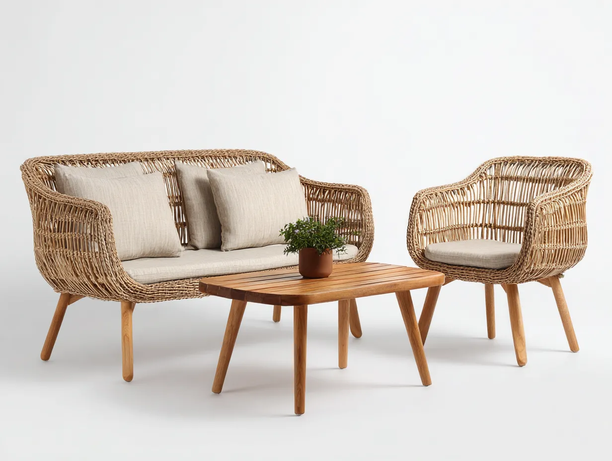 Conjunto de muebles de jardín de ratán sofá doble 120x70x75 cm sillón 65x65x75 cm mesa 80x50x45 cm - Diseño natural para exterior-Havenmybay