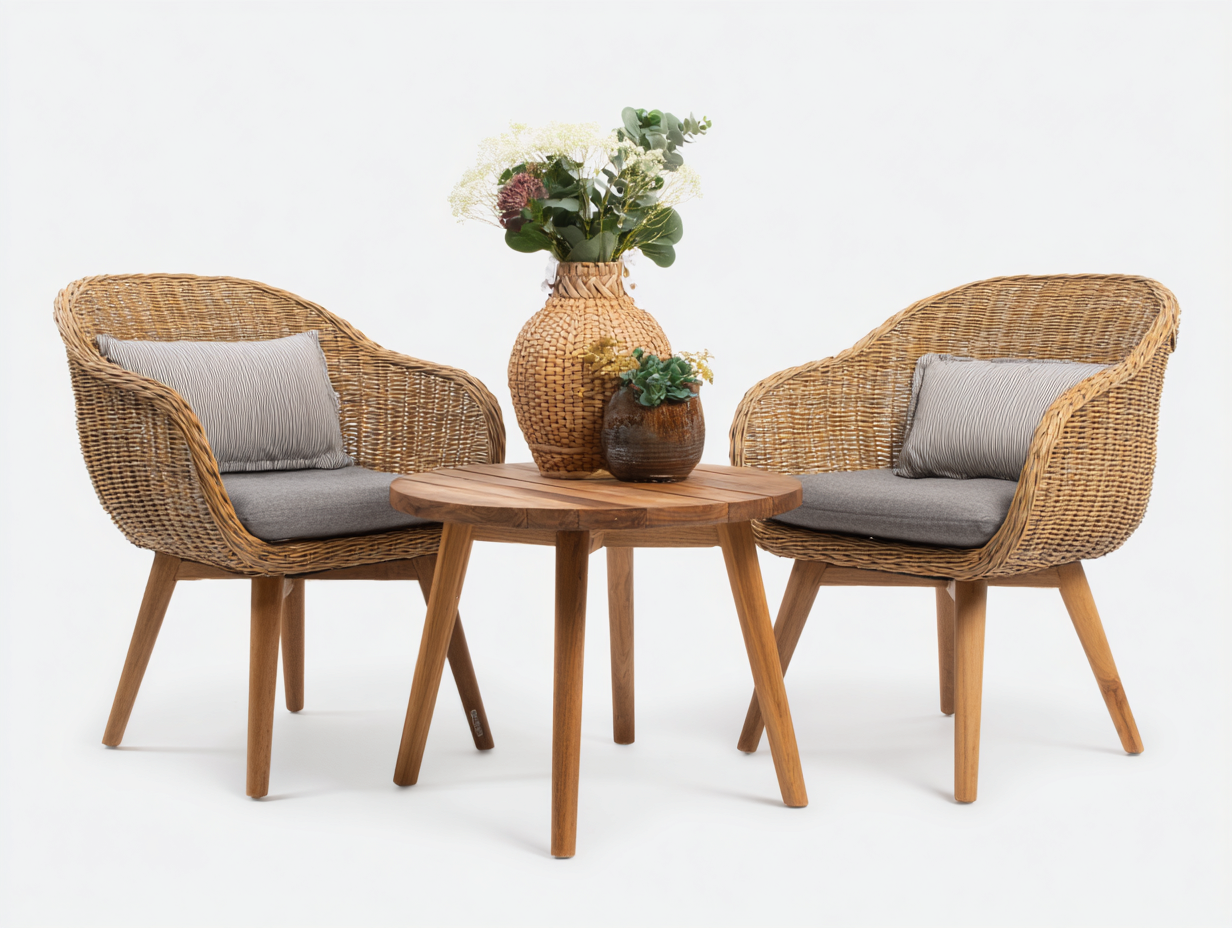 Conjunto de muebles de jardín conjunto de jardín de ratán con mesa redonda 70x70x75 cm - marrón natural-gris claro - diseño natural-Havenmybay