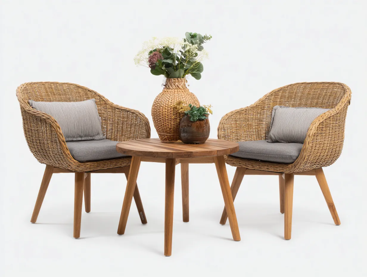 Conjunto de muebles de jardín conjunto de jardín de ratán con mesa redonda 70x70x75 cm - marrón natural-gris claro - diseño natural-Havenmybay