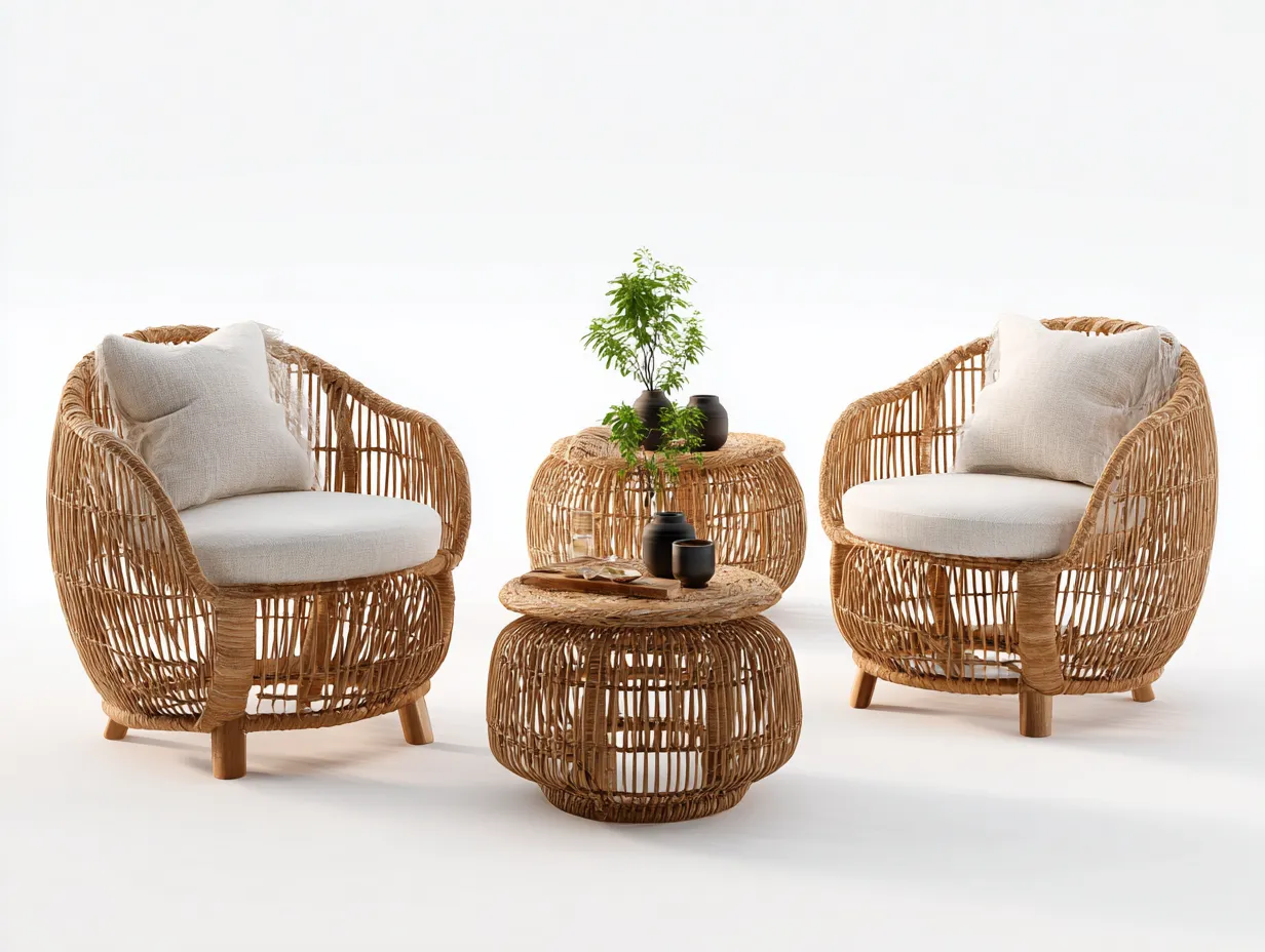Conjunto de muebles de jardín de ratán 2 sillones 75x75x75 cm y mesas 60x60x40 cm 45x45x45 cm - Madera natural y cojines blancos - Estilo natural-Havenmybay
