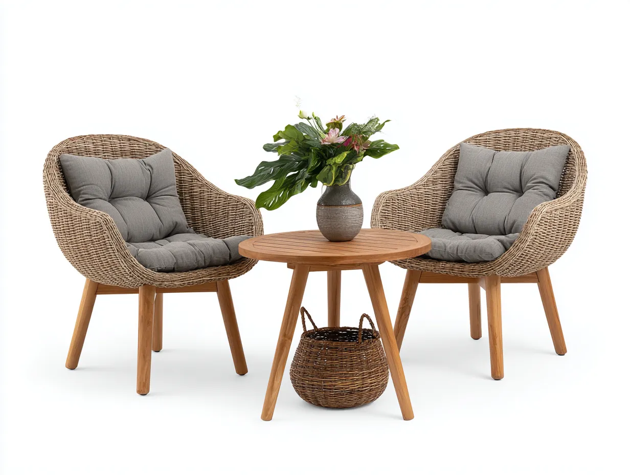 Conjunto de muebles de jardín de ratán y madera 120x120x75 cm - beige-marrón - diseño natural-Havenmybay