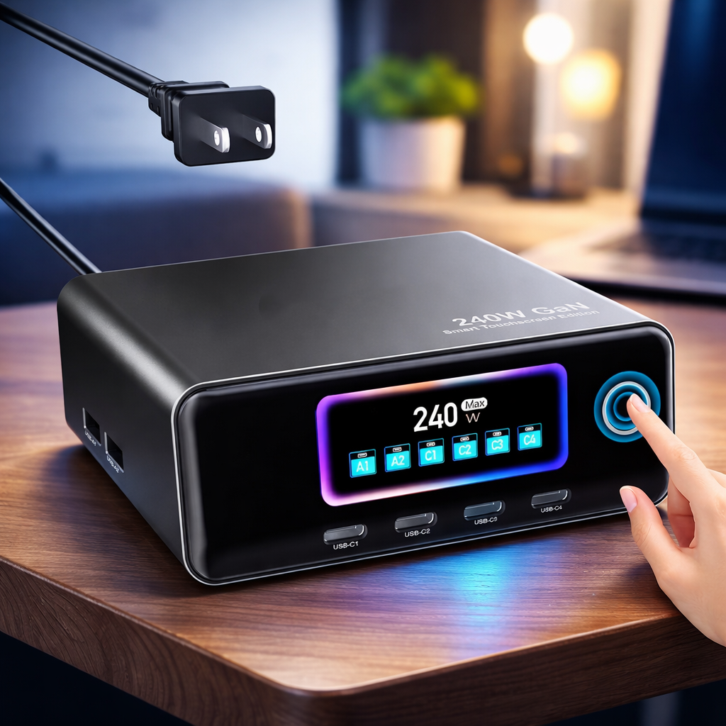  240W 6-Port GaN USB C Charger, 2.26" LCD Smart Display Touch Control