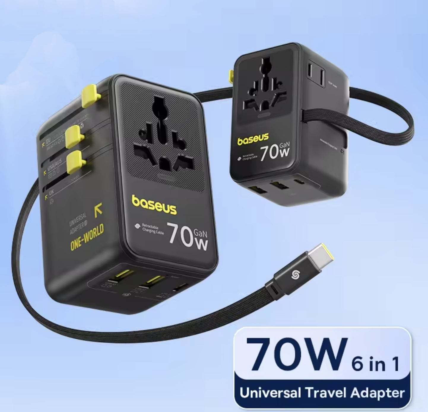 GaN 70W Travel Adapter with Retractable Cable