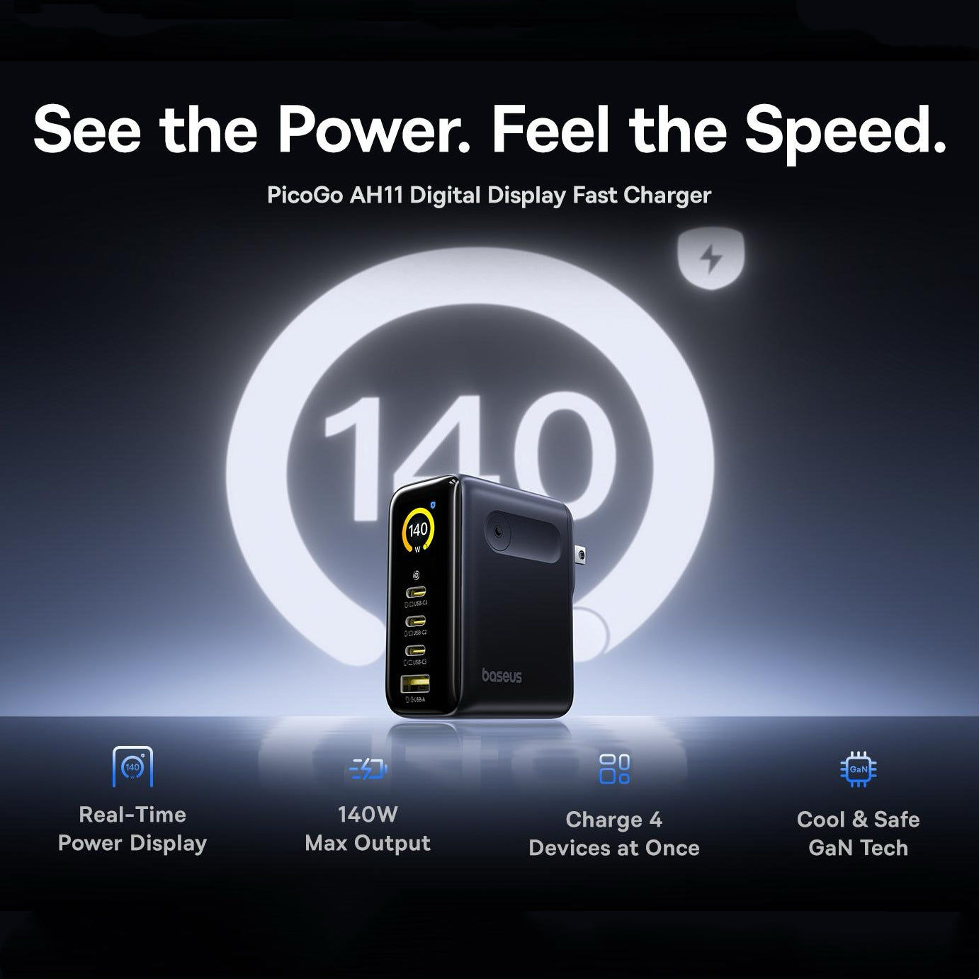 Picogo 140W 4Ports USB C Charger with Smart Display & Touch Control