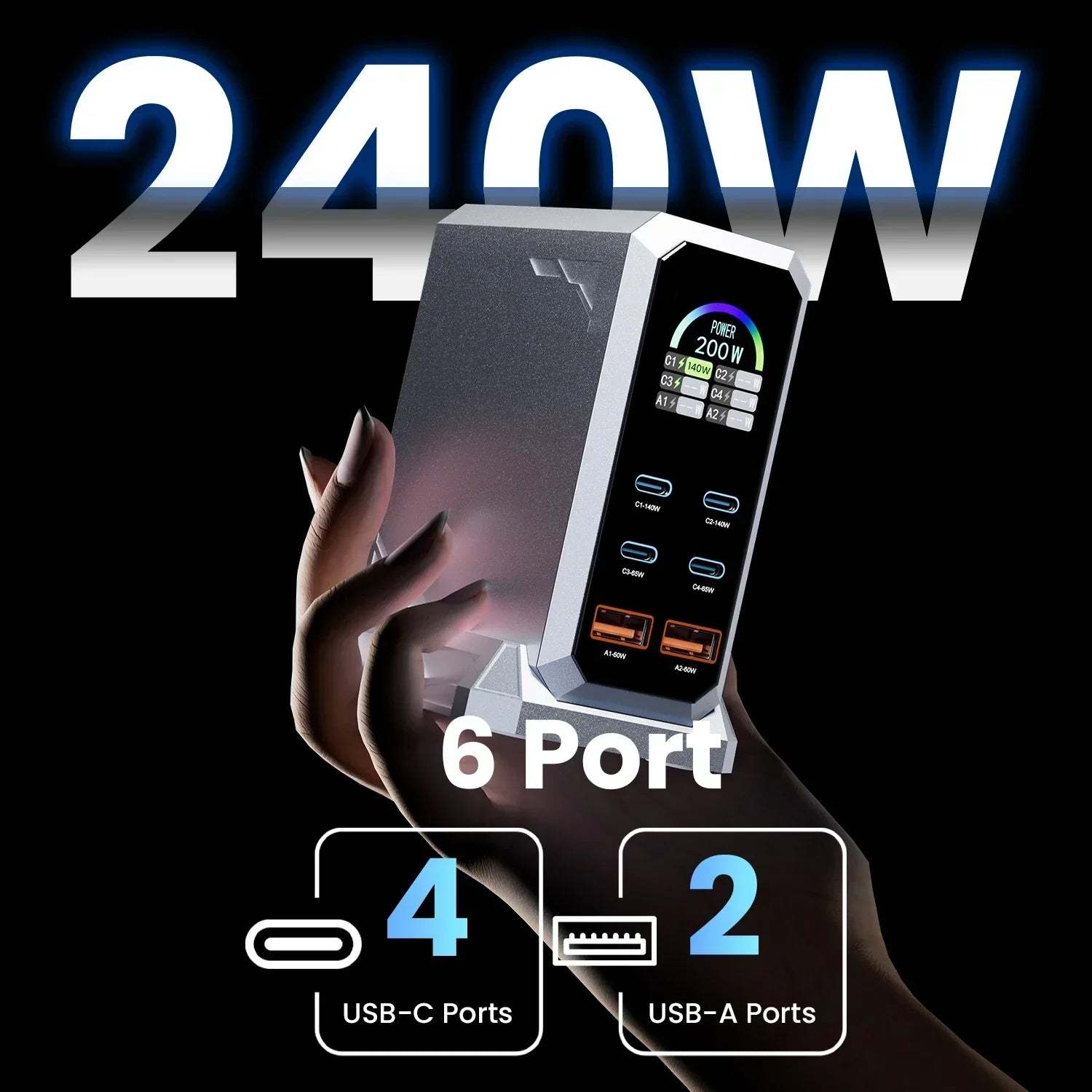 240W GaN 6Ports Charger with Wattage Display