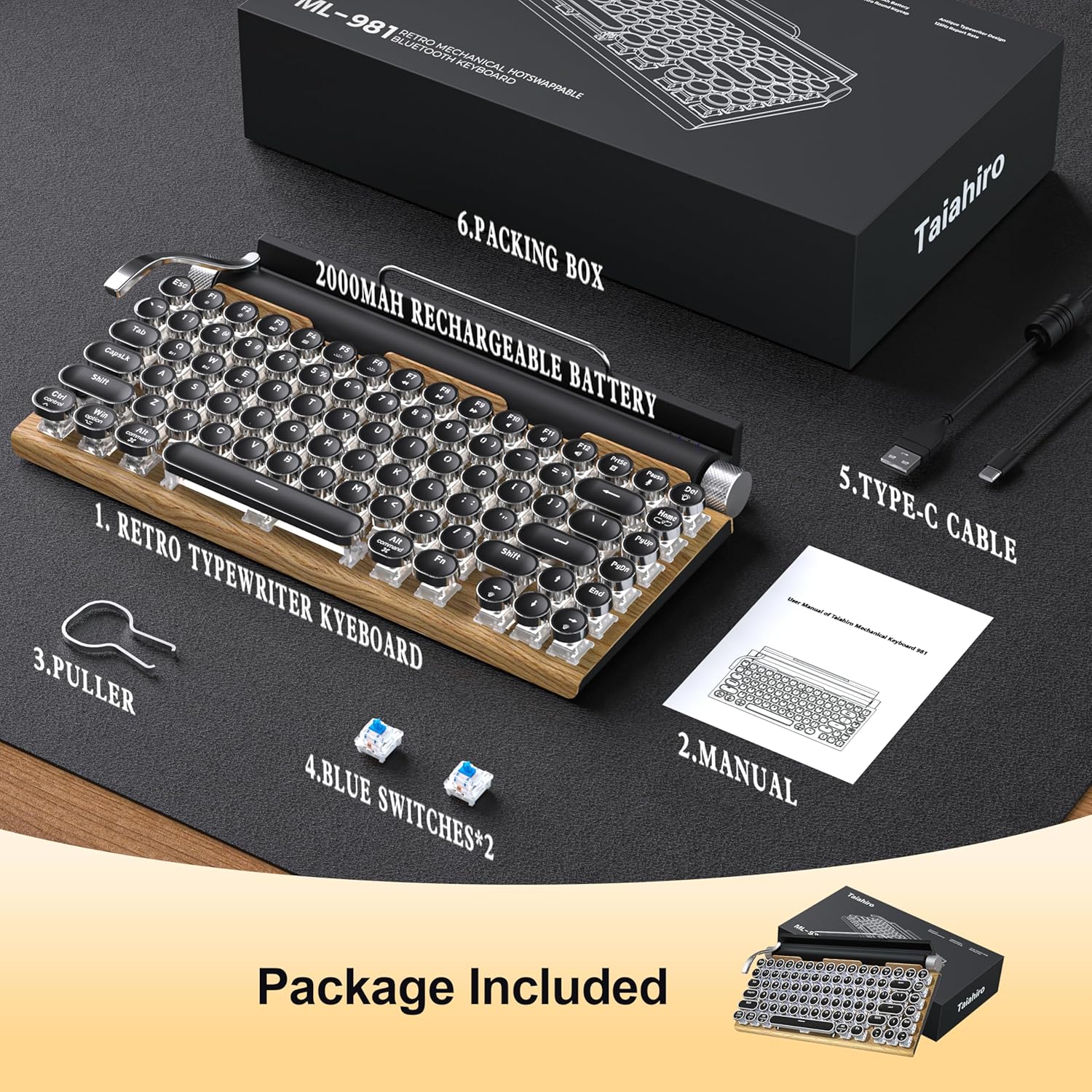 Typewriter-Style Retro Mechanical Wood Keyboard