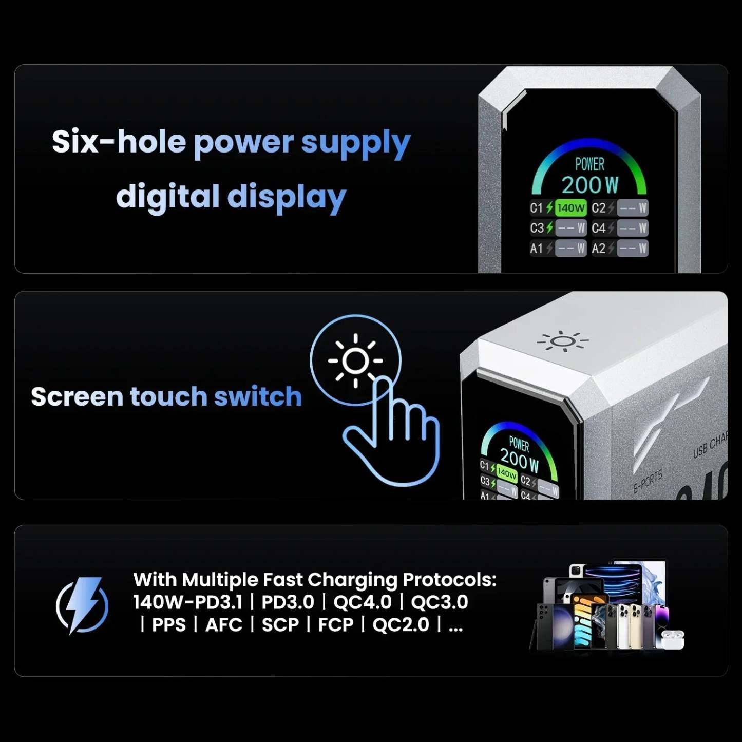 240W GaN 6Ports Charger with Wattage Display