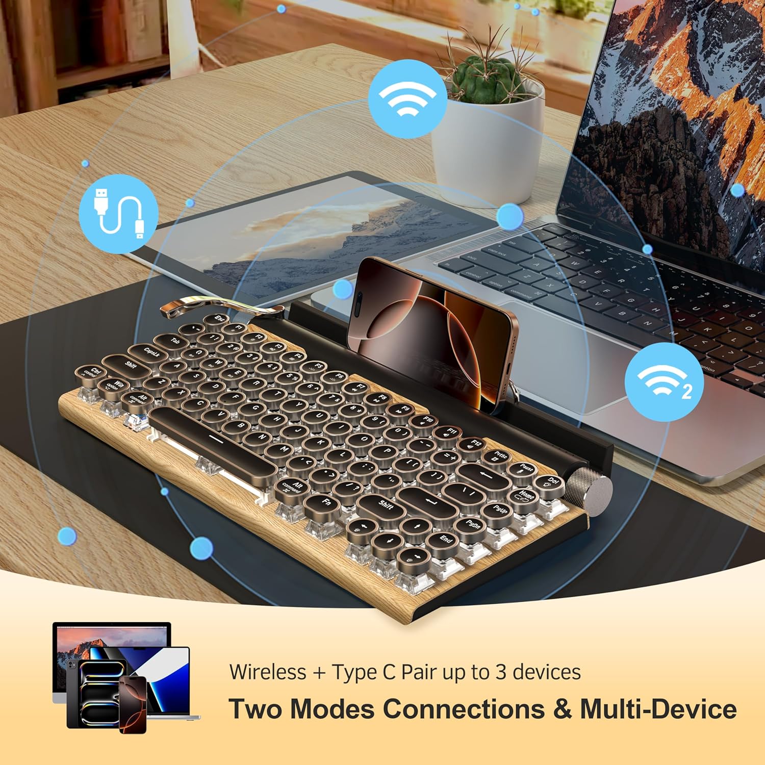 Typewriter-Style Retro Mechanical Wood Keyboard