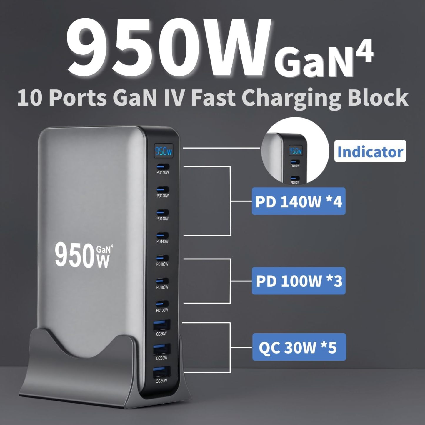 950W USB C Fast 10 Ports Chagring Station