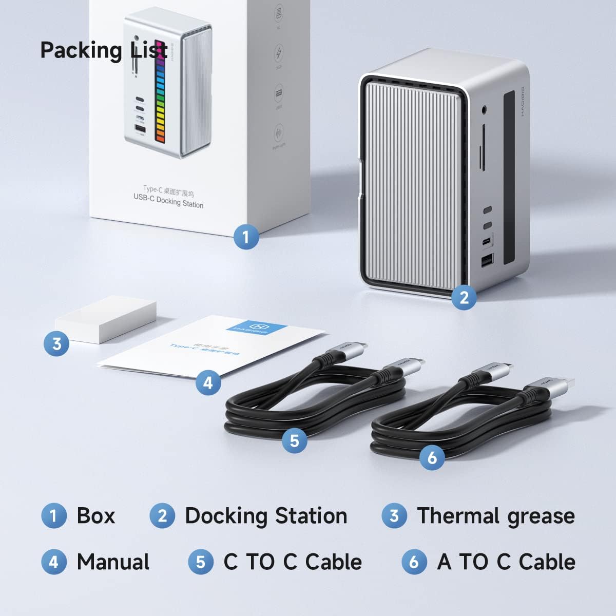 Hagibis USB C Docking Station with LED Strip Light & M.2 NVMe/SATA SSD Enclosure