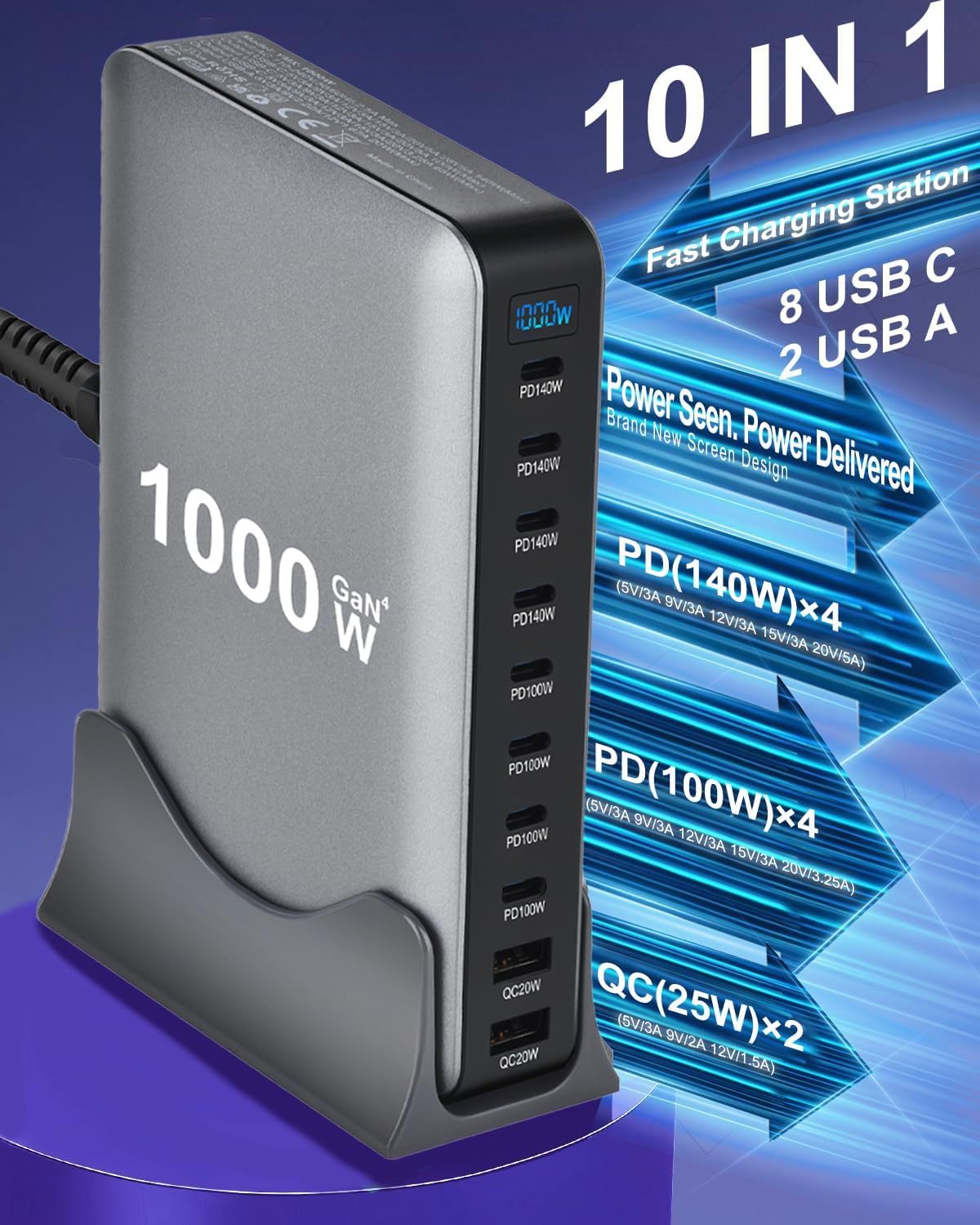 1000W GaN PD3.1 Charger USB-C Fast Desktop 10-ports