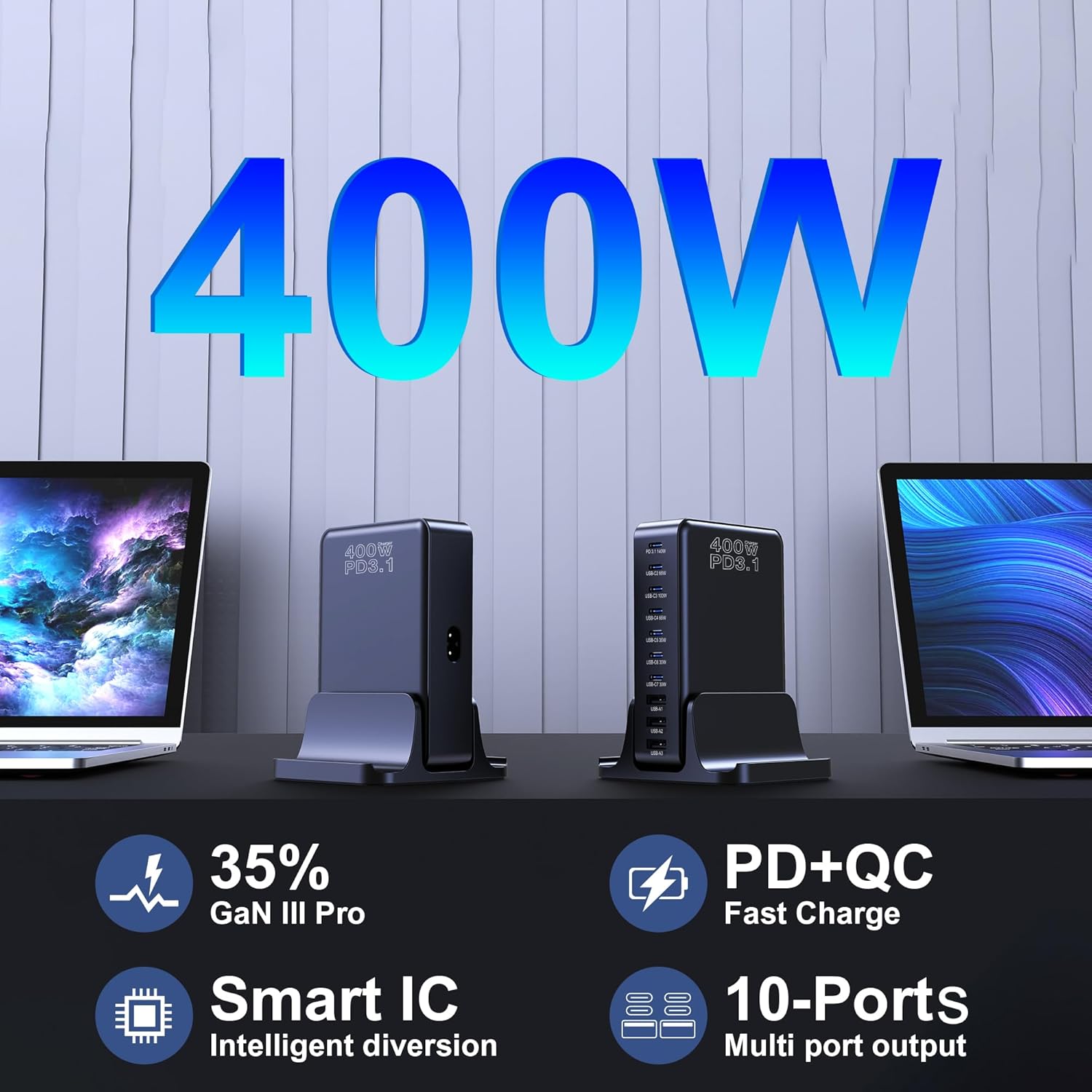400W GaN 10-Ports Compact Super Fast Charging Station