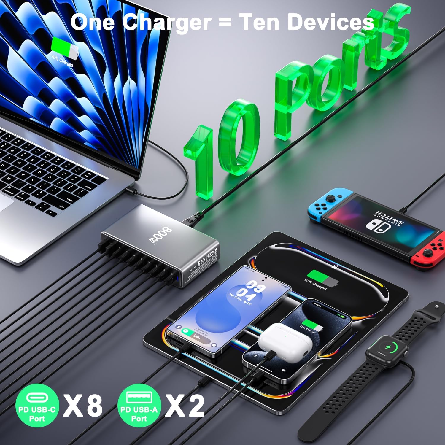 GaN 800W 10-in-1 USB-C PD Charging Station