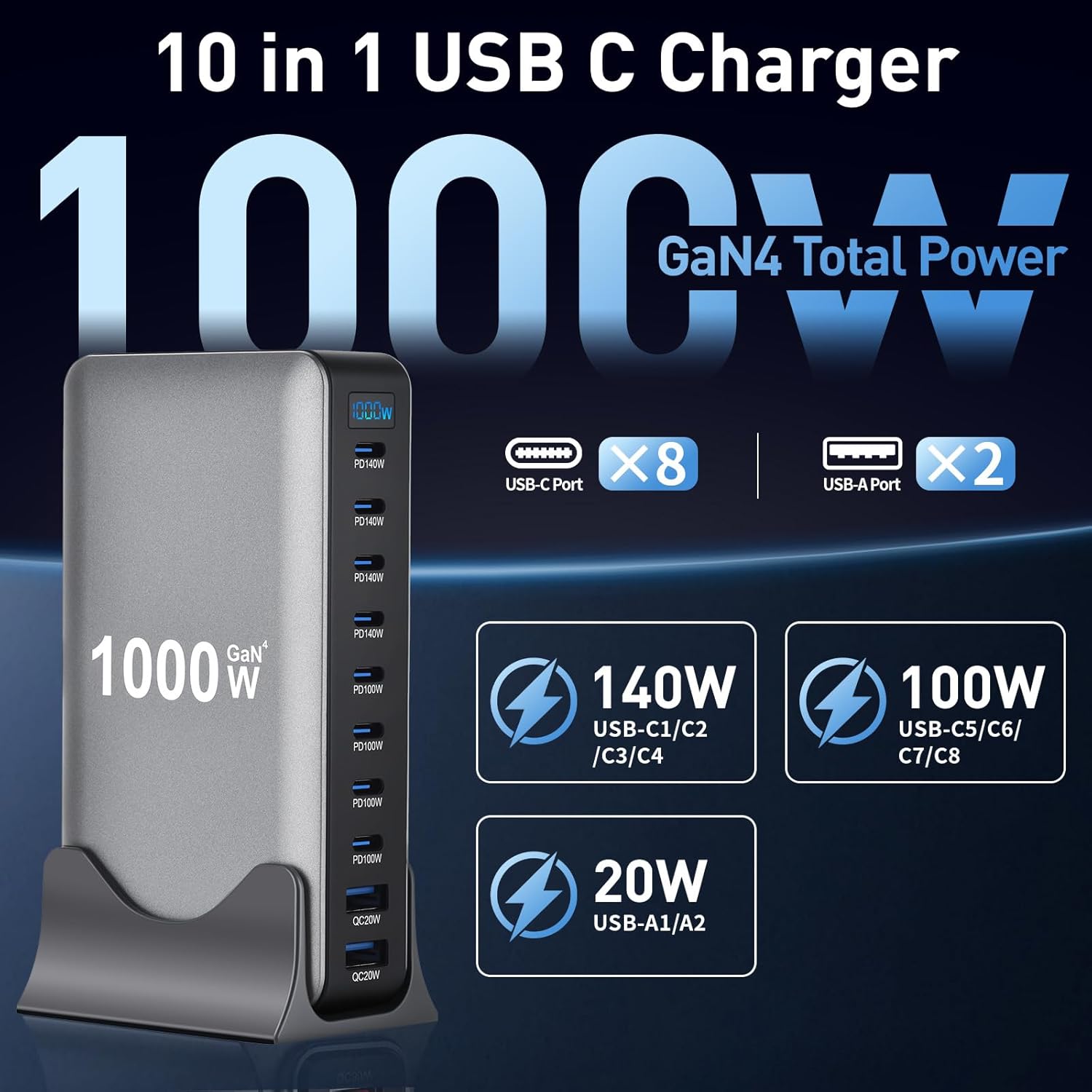 1000W 10Ports GaN PD3.1 Fast Charger USB-C Desktop Station