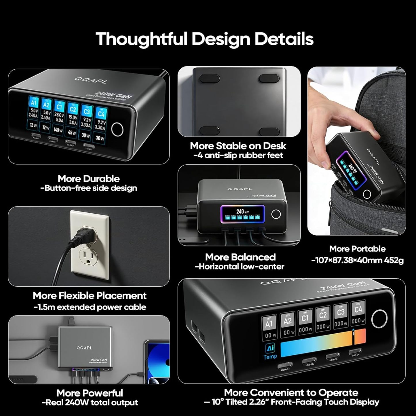  240W 6-Port GaN USB C Charger, 2.26" LCD Smart Display Touch Control