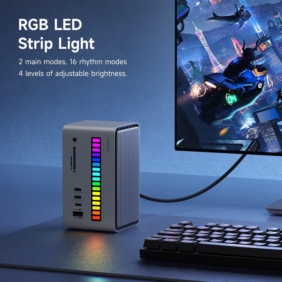 Hagibis USB C Docking Station with LED Strip Light & M.2 NVMe/SATA SSD Enclosure