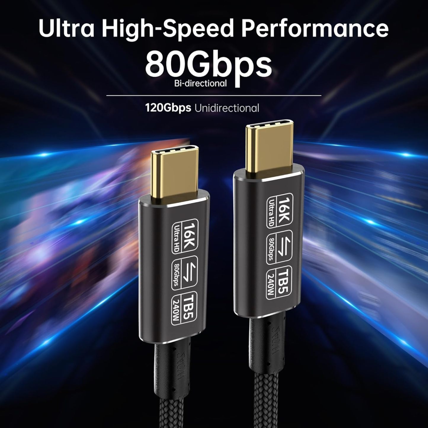 (2Pack) 6.6Ft Long USB4 80Gbps Data Transfer Cable