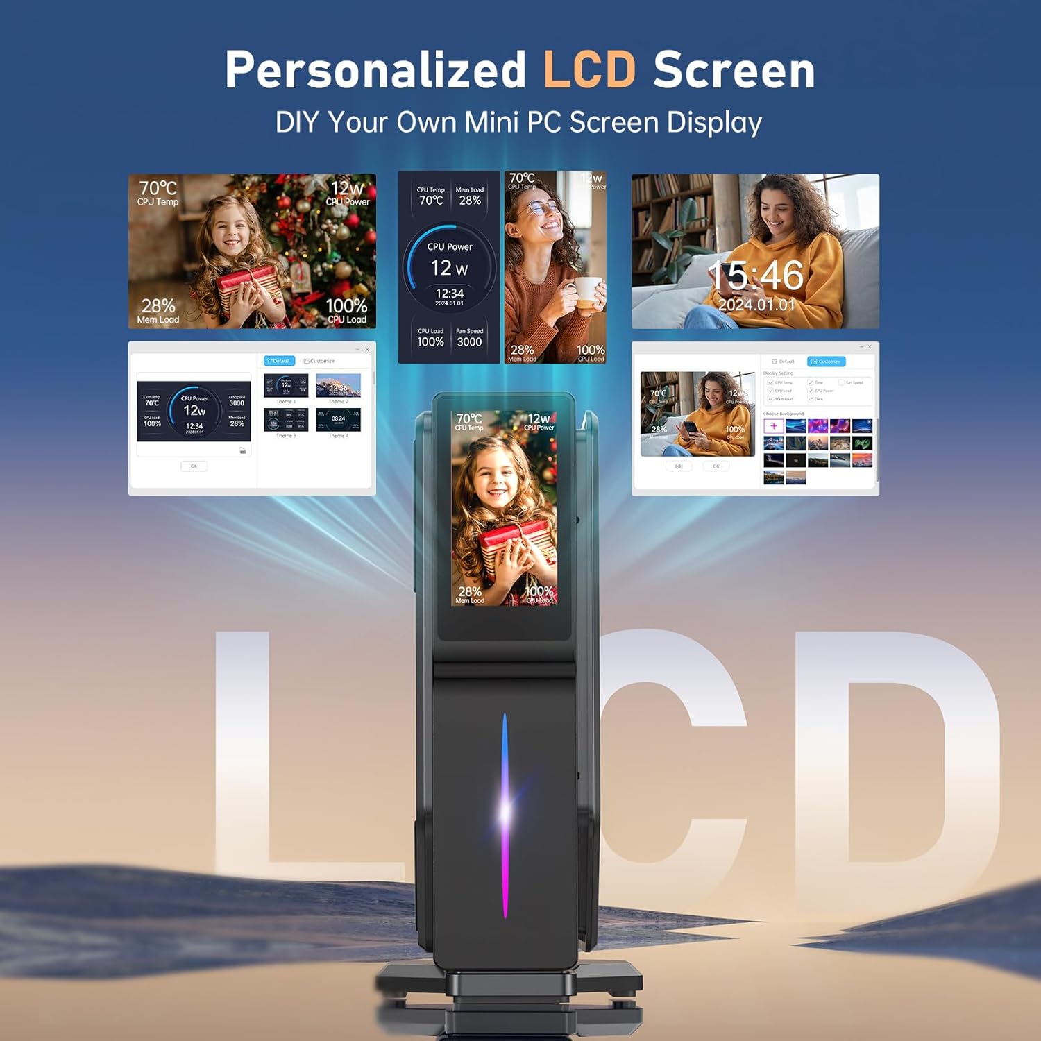 S1 Mini PC with LCD Screen/Dual LAN & HDMI,SSD(12th Gen N100)