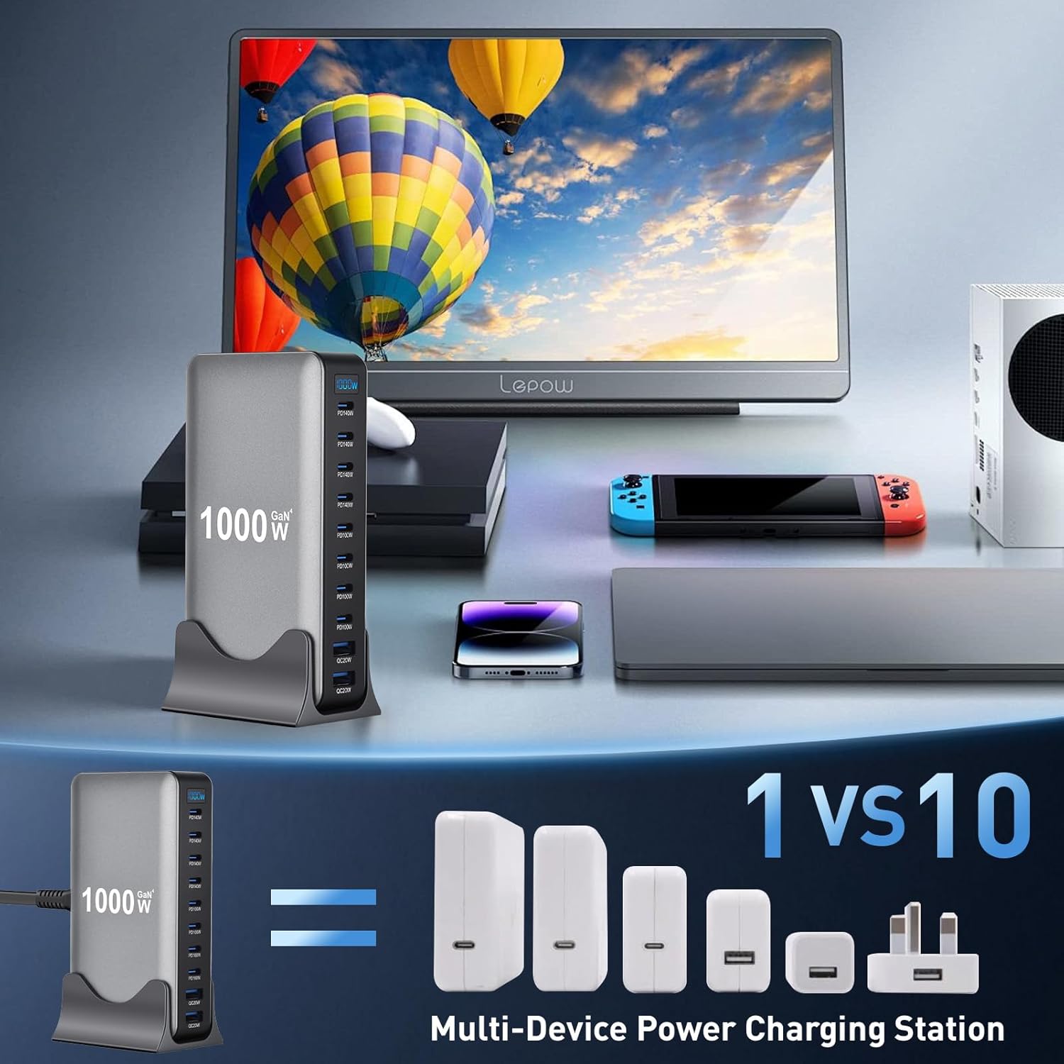 1000W GaN PD3.1 Charger USB-C Fast Desktop 10-ports