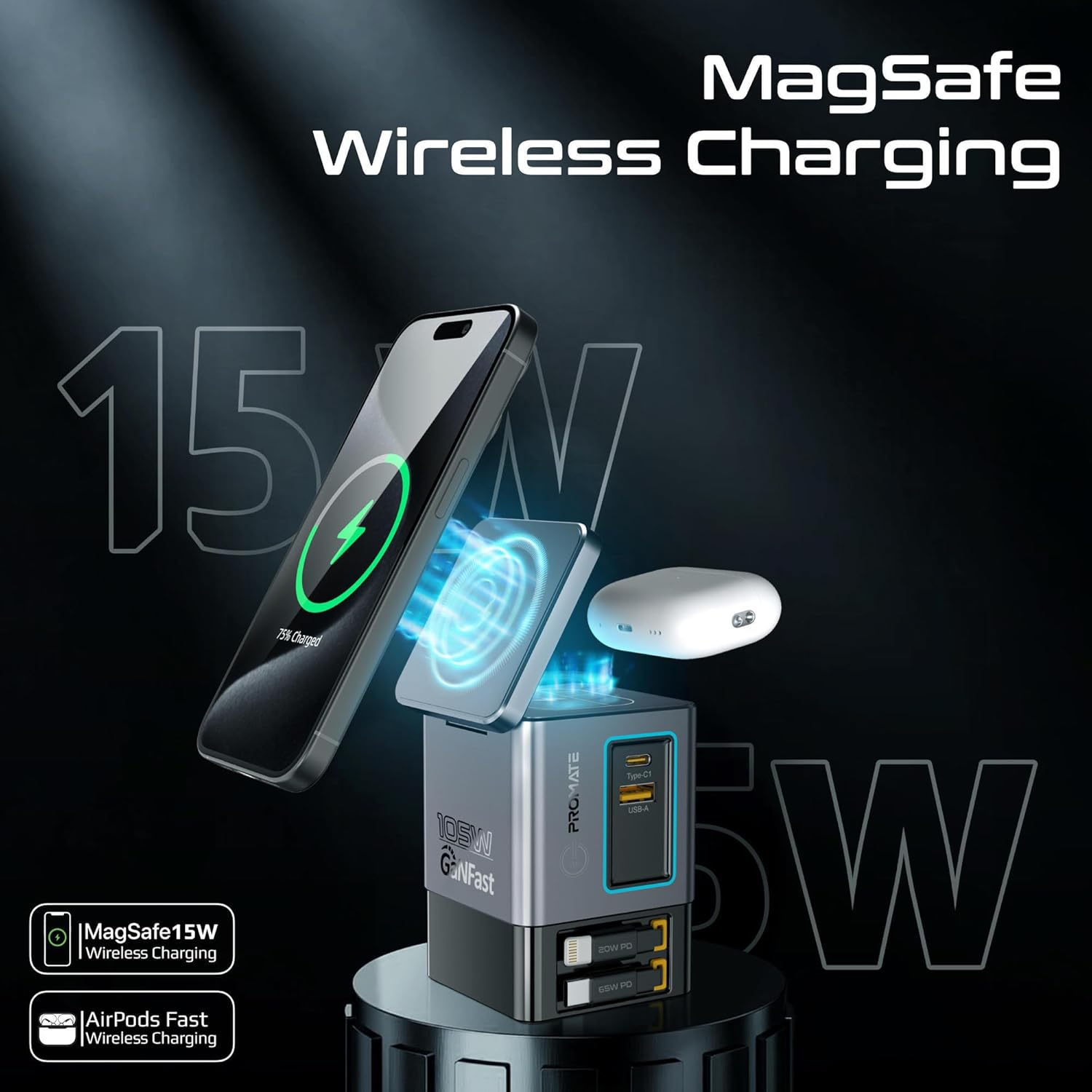 105W GaN Retractable 6-in-1 Charger with Magnetic Pad