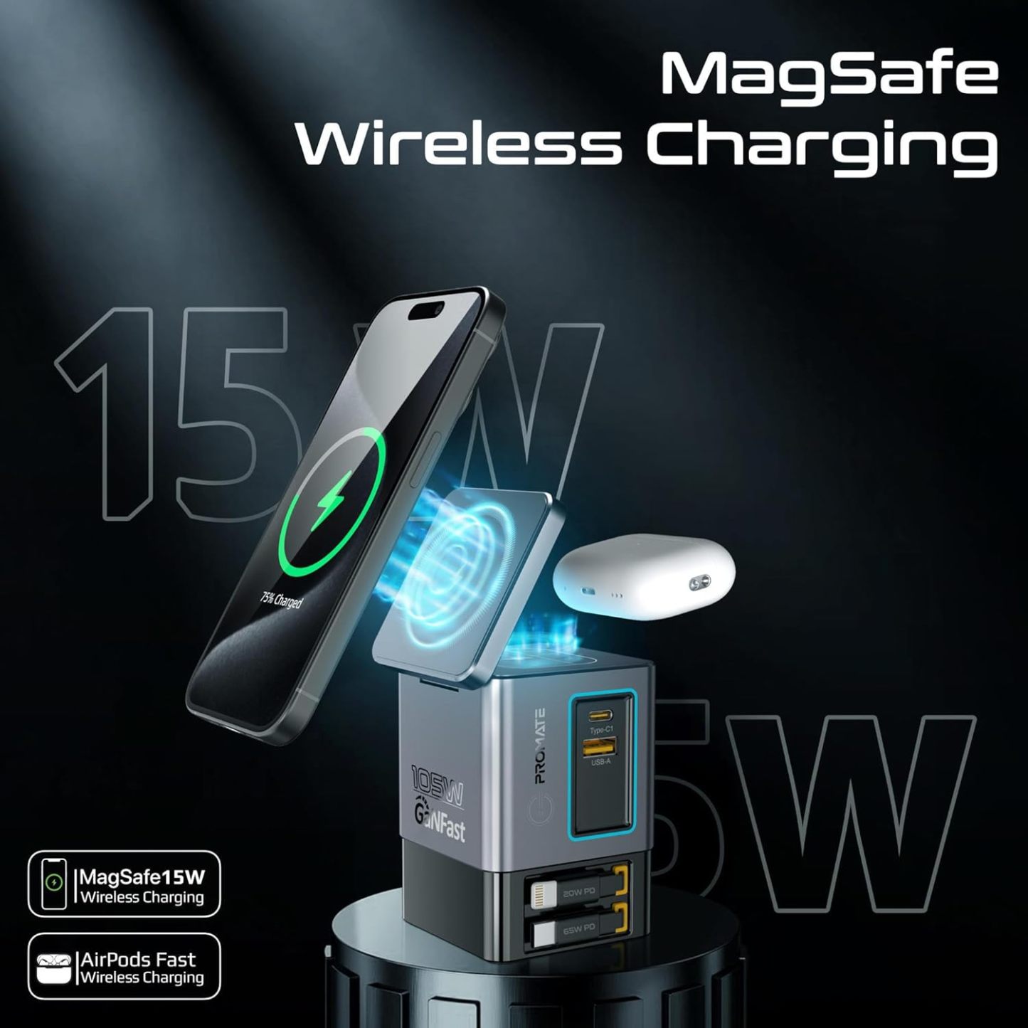 105W GaN Retractable 6-in-1 Charger with Magnetic Pad