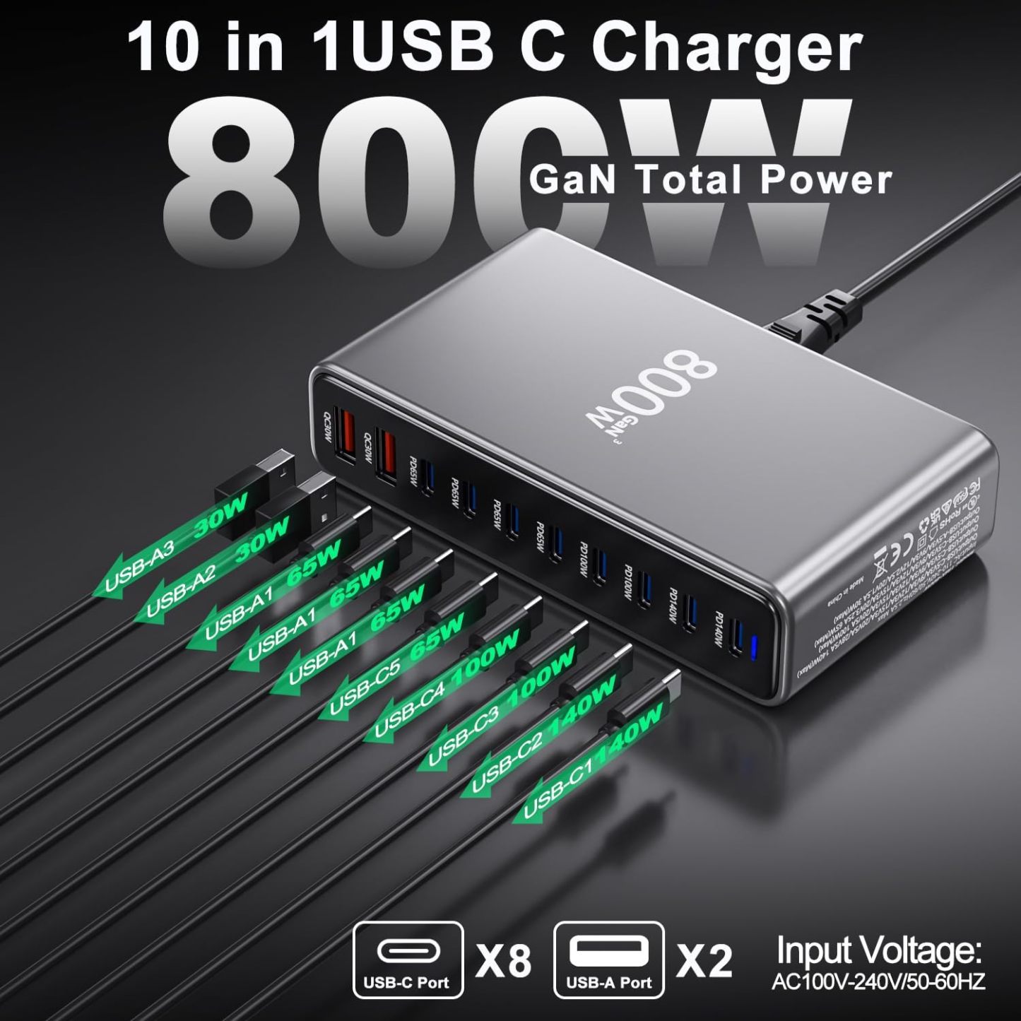 GaN 800W 10-in-1 USB-C PD Charging Station