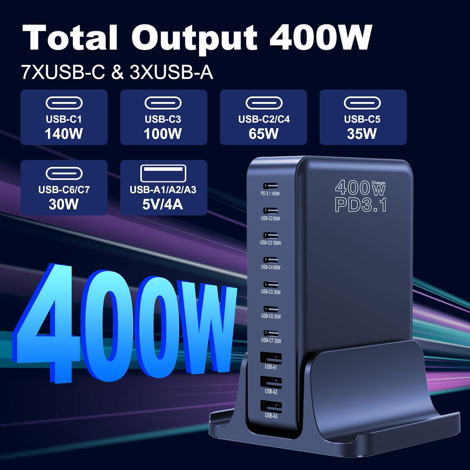 400W GaN 10-Ports Compact Super Fast Charging Station