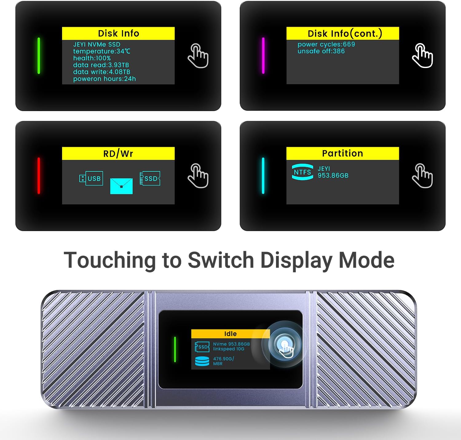 JEYI Visual Smart M.2 Enclosure with Touchscreen and RGB