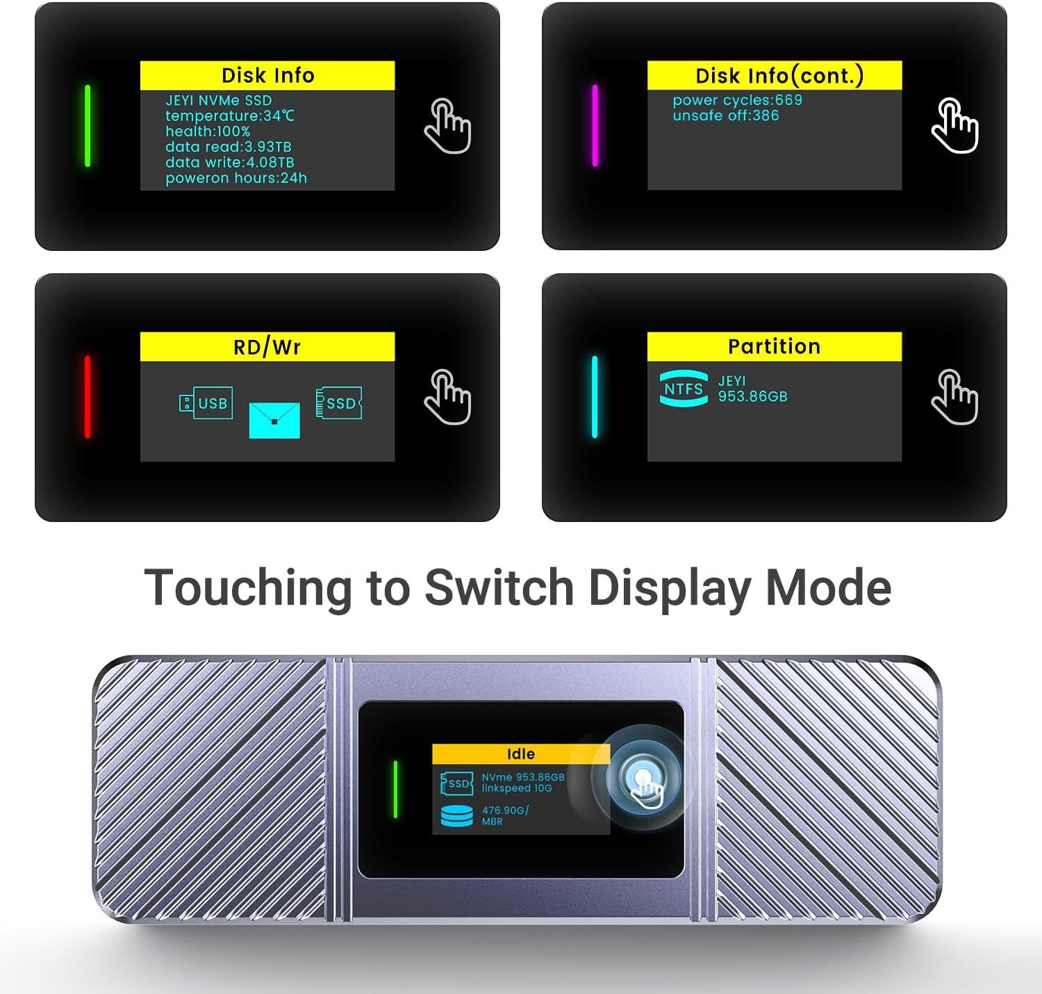 JEYI Visual Smart M.2 Enclosure with Touchscreen and RGB