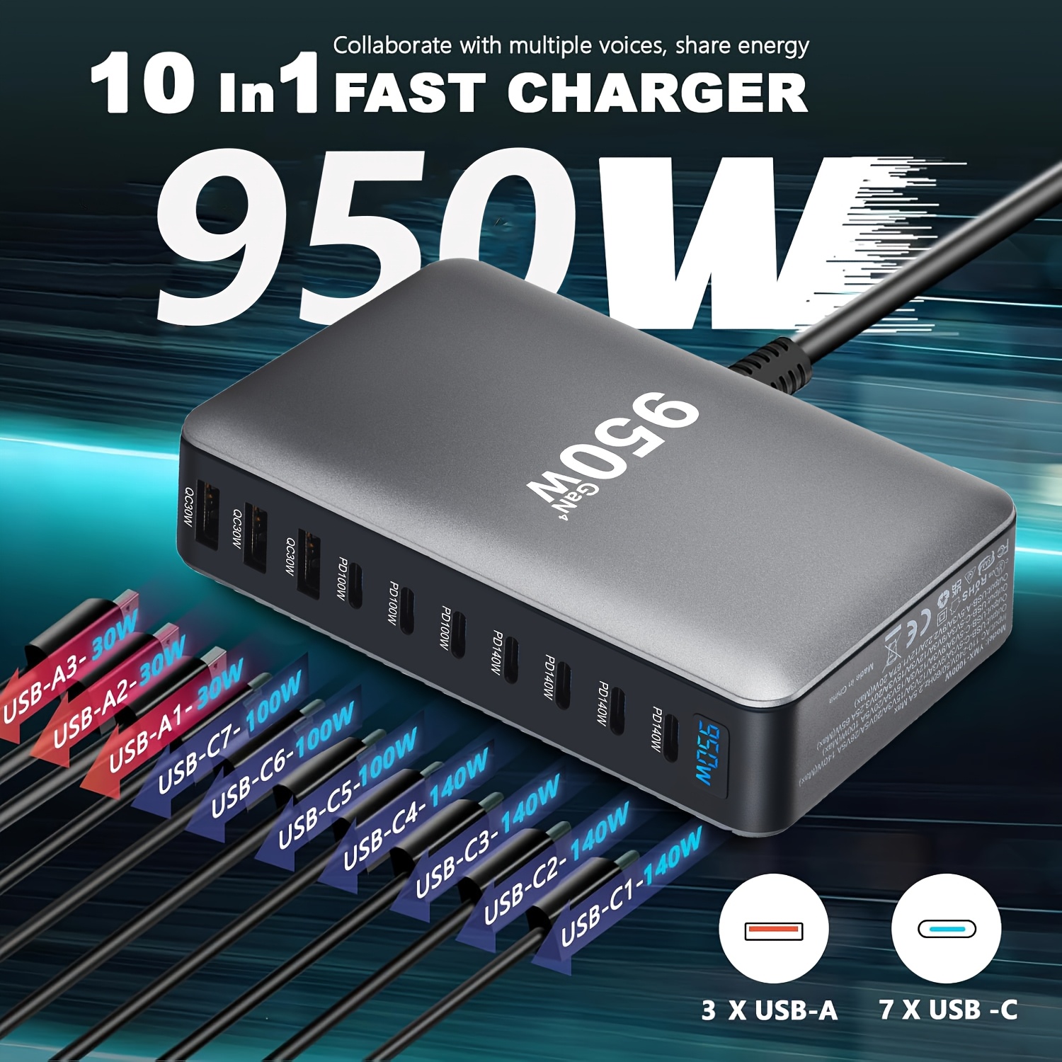 950W USB C Fast 10 Ports Chagring Station