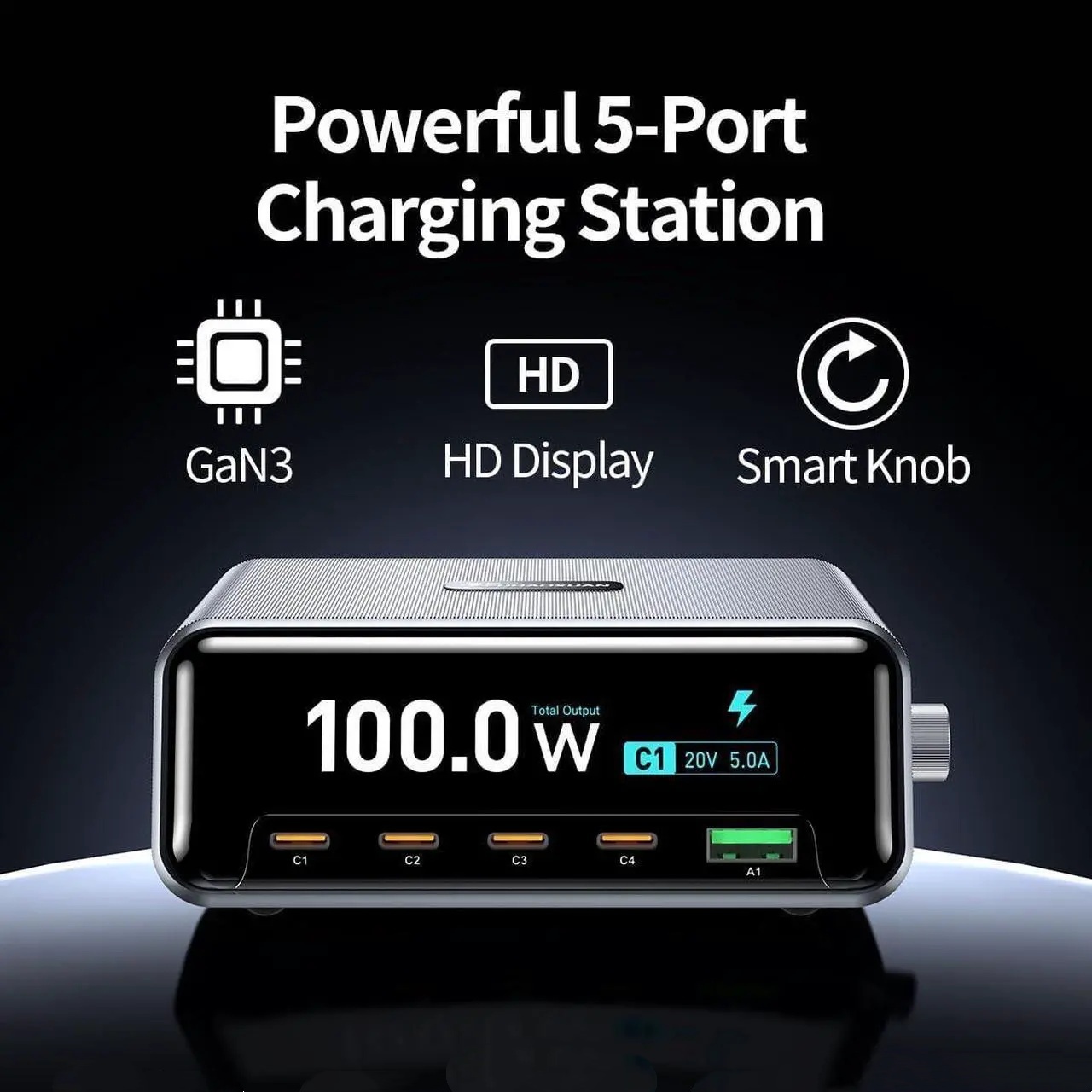 5 Ports GaN 100W LCD Smart Display & Control Knob Fast Charger