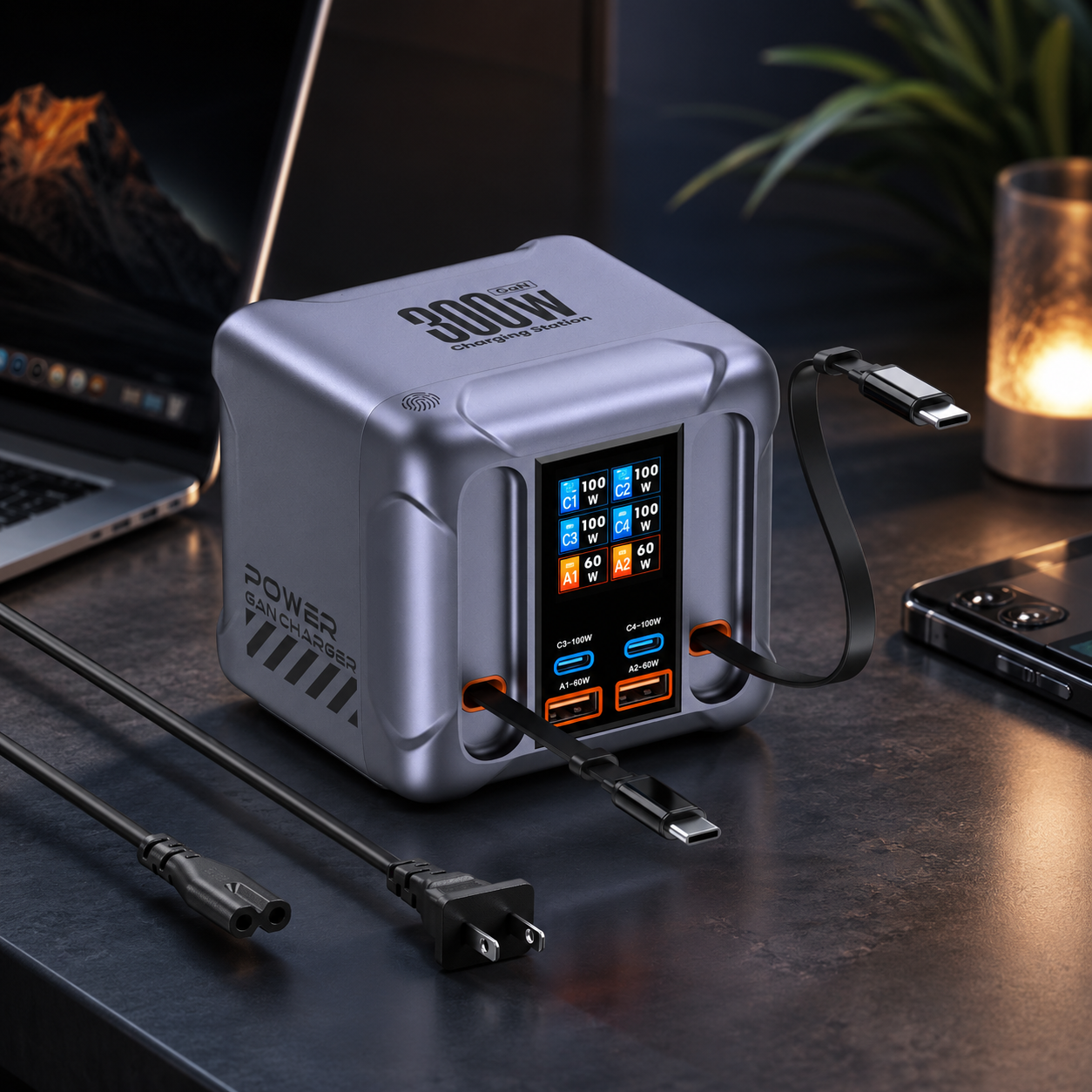 6Ports GaN 300W Digital Display Charging Station With Retractable USB-C Cable 