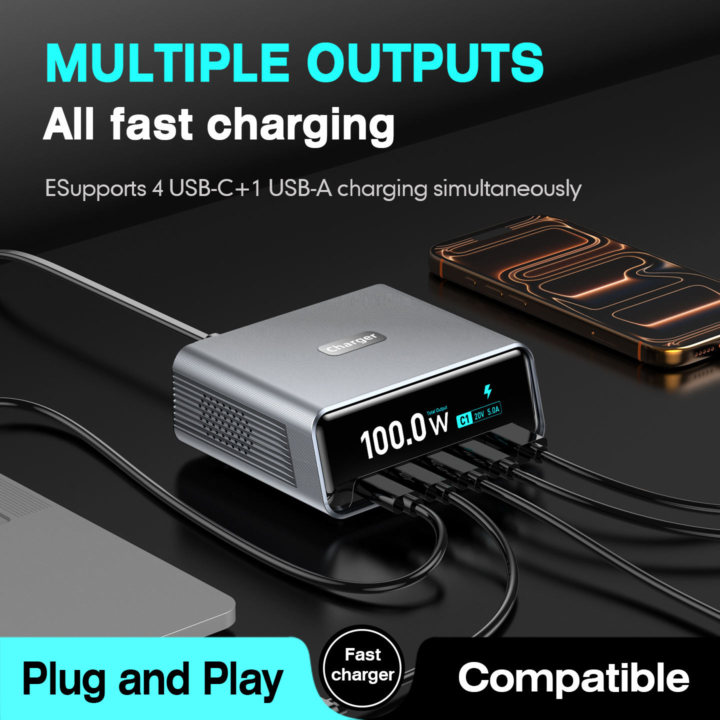 5 Ports GaN 100W LCD Smart Display & Control Knob Fast Charger