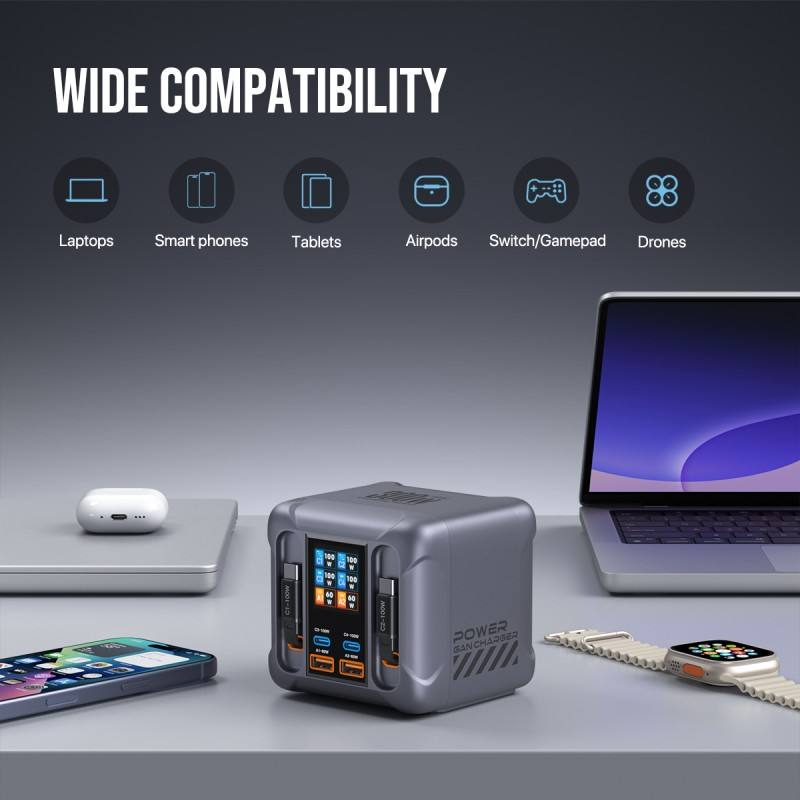 6Ports GaN 300W Digital Display Charging Station With Retractable USB-C Cable 